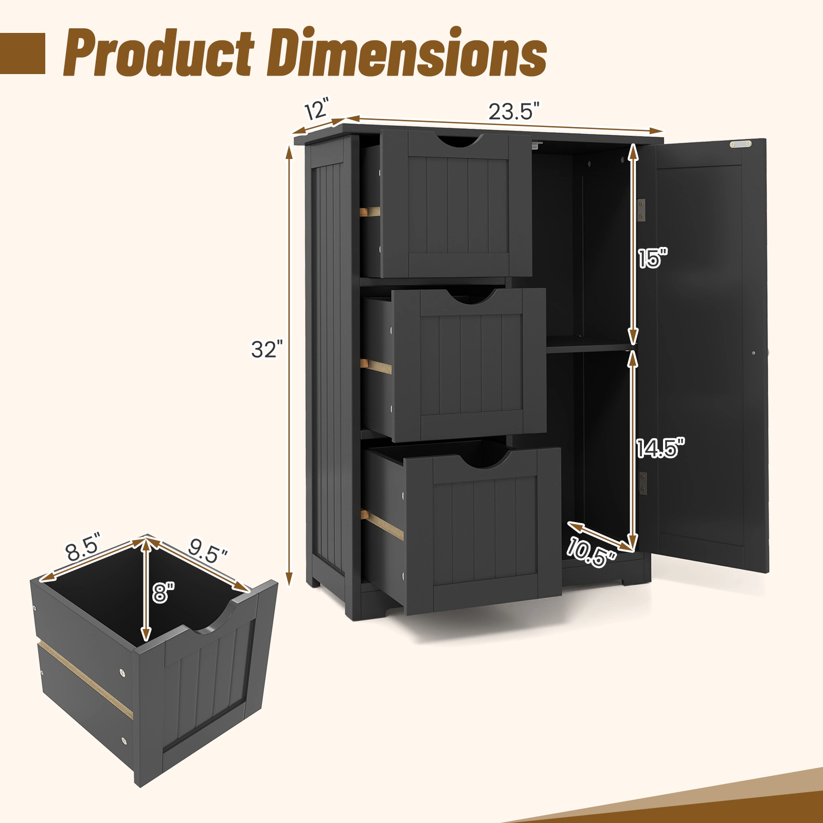SlickBlue Freestanding Storage Cabinet with 3 Drawers and Cupboard