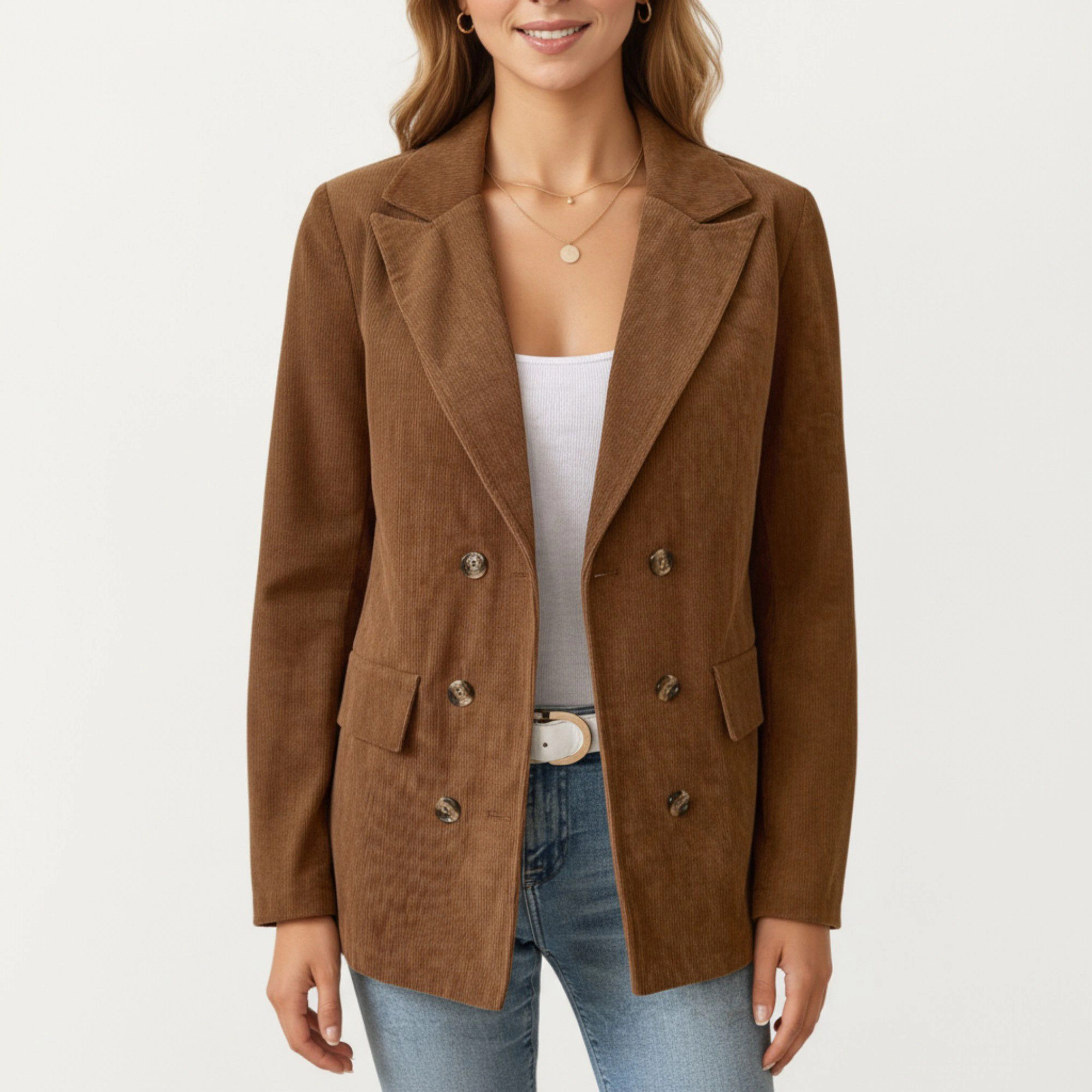 Anna-Kaci Women's Corduroy Double-Breasted Blazer Jacket with Front Flap Pockets