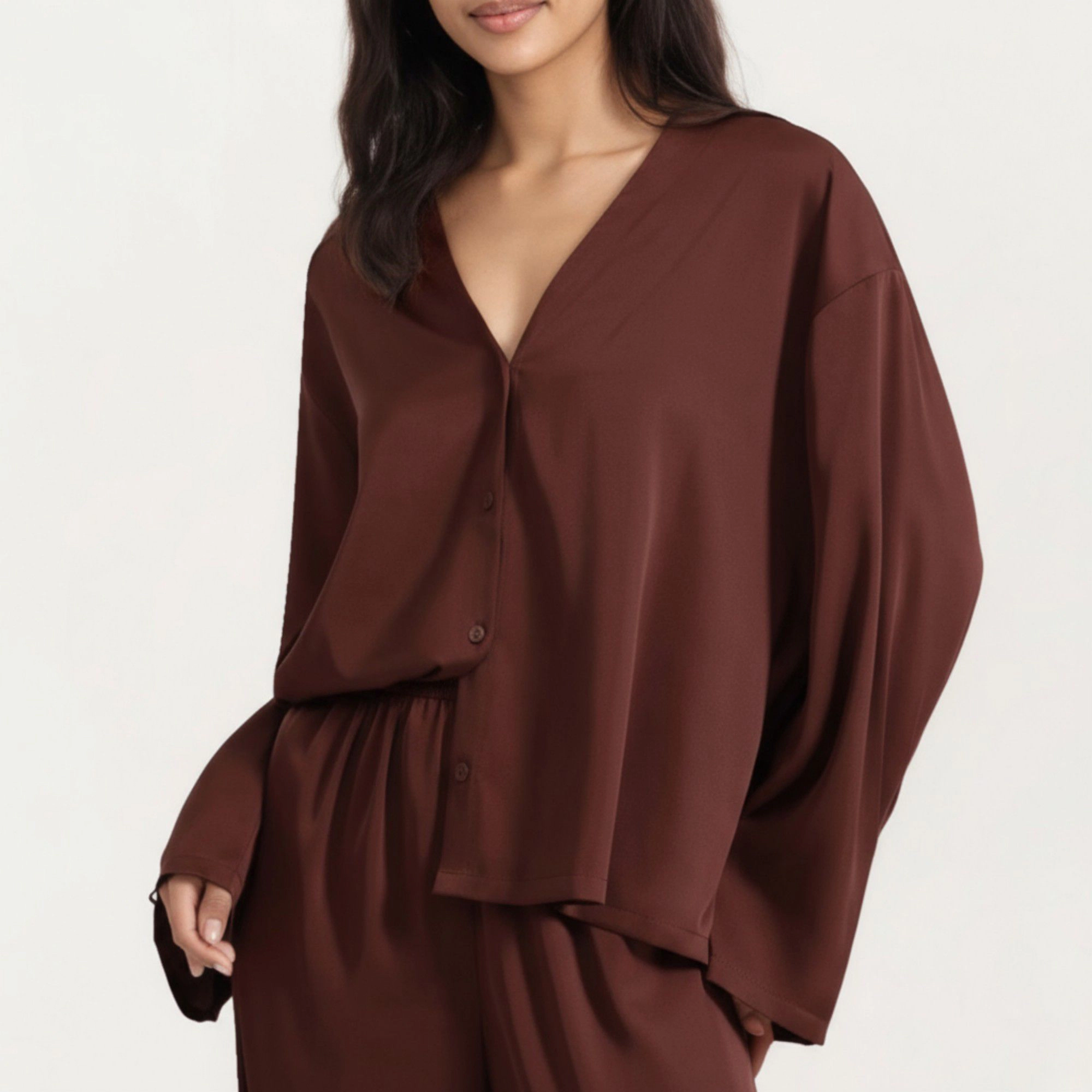 Anna-Kaci Women's 2-Piece Satin Long Sleeve V-Neck Button Front Top and Relaxed Fit Pants