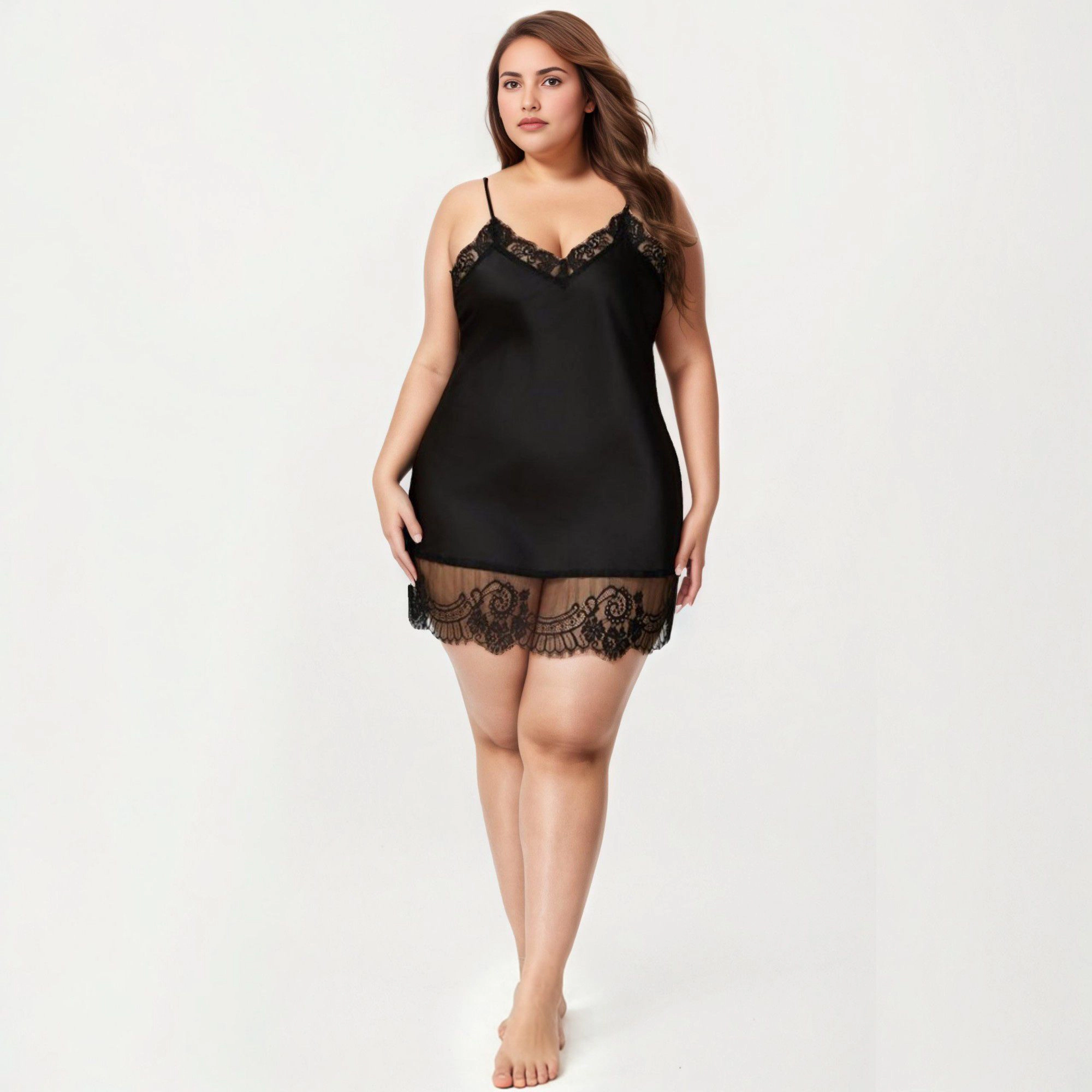 Anna-Kaci Women's Plus Satin Chemise Lace Trim V Neck Sleep Dress Adjustable Strap Slip Nightgown