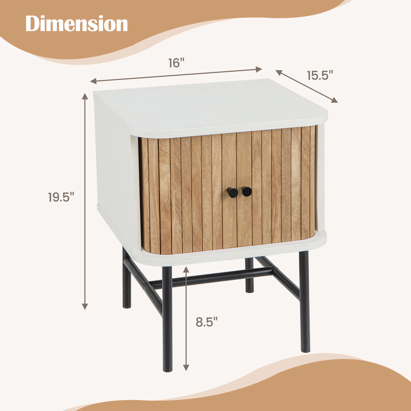 Glintex Mid-Century Nightstand with Sliding Cabinet Doors and Metal Rail, White