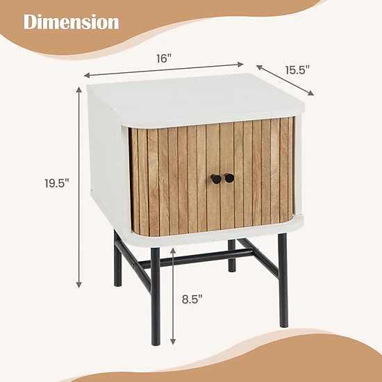 SUGIFT 19.5 in White Mid-Century Nightstand with Sliding Doors and Metal Legs