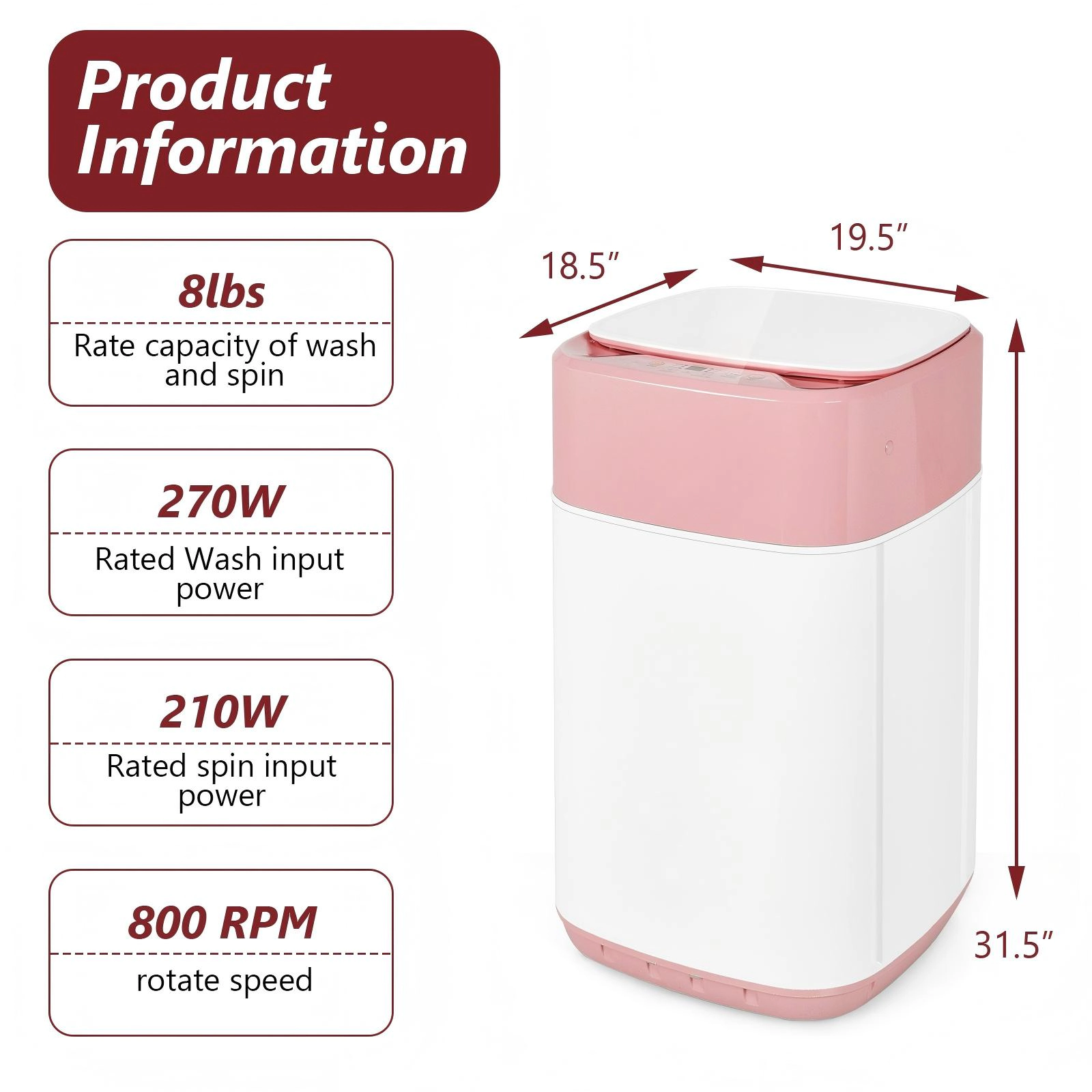 SUGIFT 8-lb Portable Fully Automatic Washing Machine with Drain Pump 1.0 cu.ft Tub 800RPM Compact 19.5-in Wide Pink