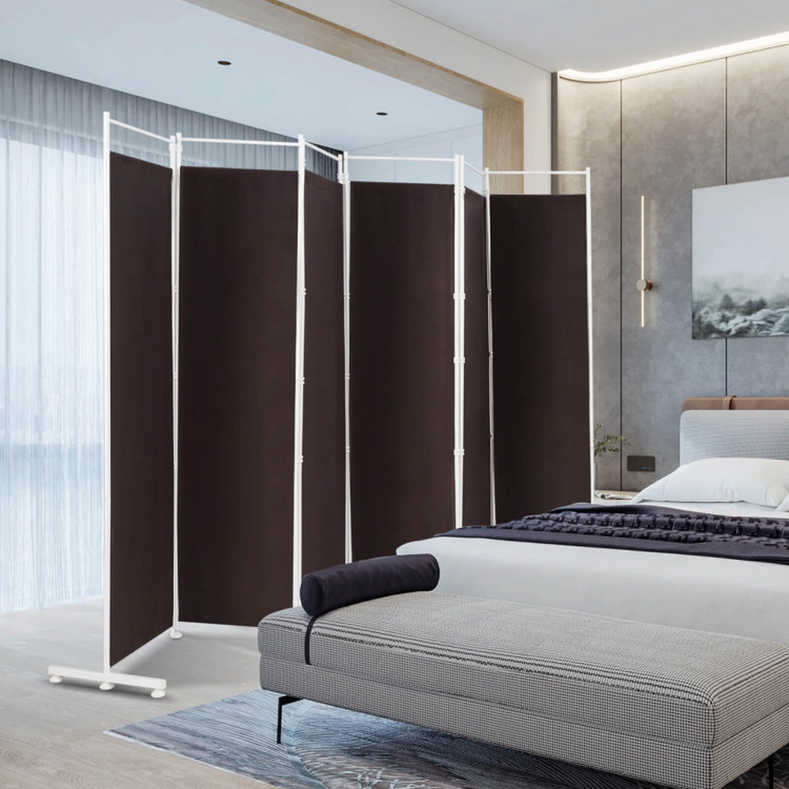SUGIFT 6-Panel Room Divider Privacy Screen Shelving Unit 10-ft Wide 6-ft Tall Polyester Steel Frame 23.8-lb Brown