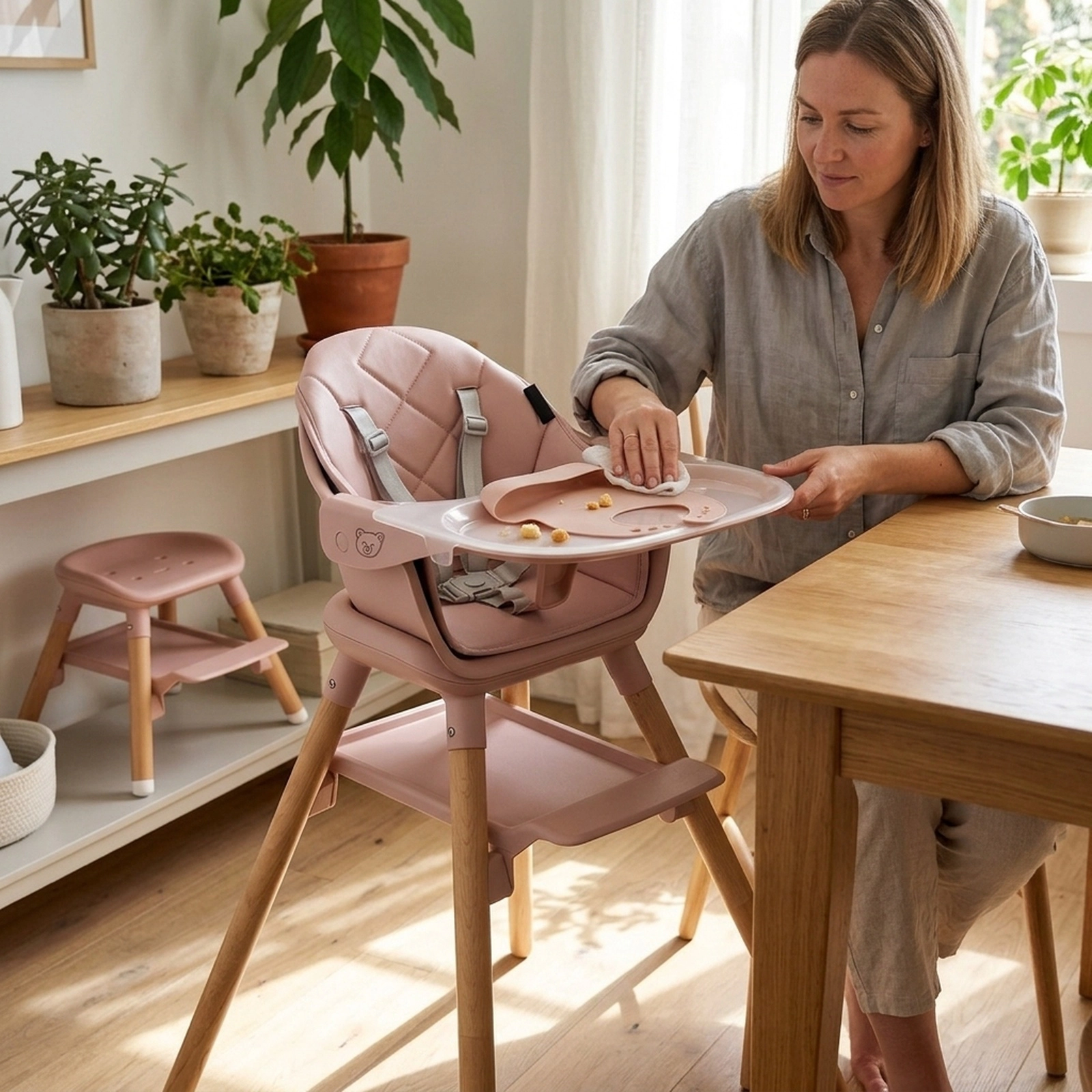 6-in-1 Convertible Baby High Chair with Dishwasher-Safe Double Tray and 5-Point Harness for Babies and Toddlers in Pink