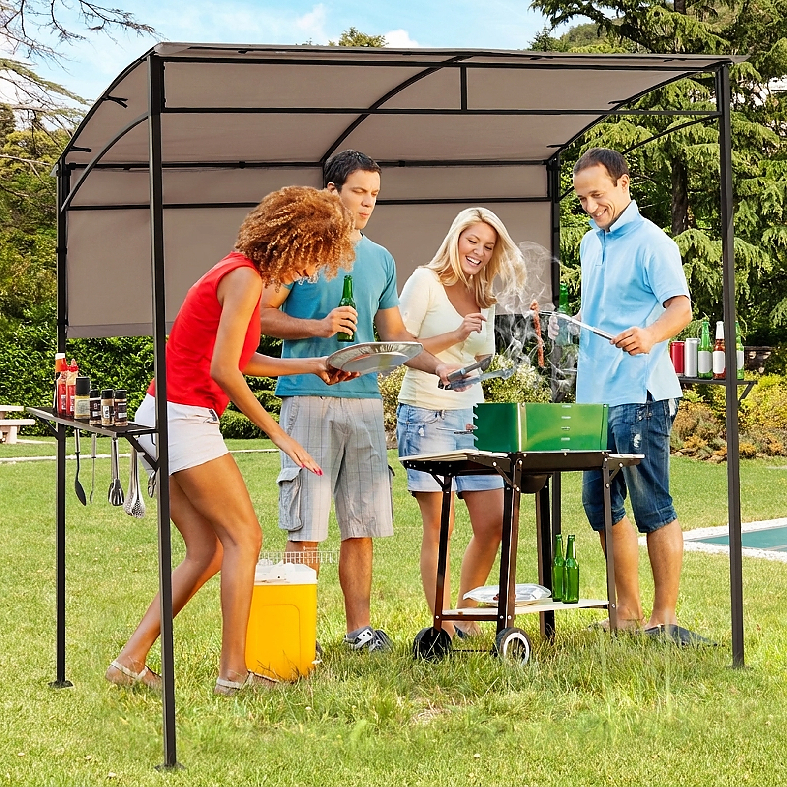 SUGIFT Outdoor BBQ Gazebo Canopy with Sidewall Metal Shelves Hooks and Bottle Openers 7.8 x 4.4 x 6.9 in Brown