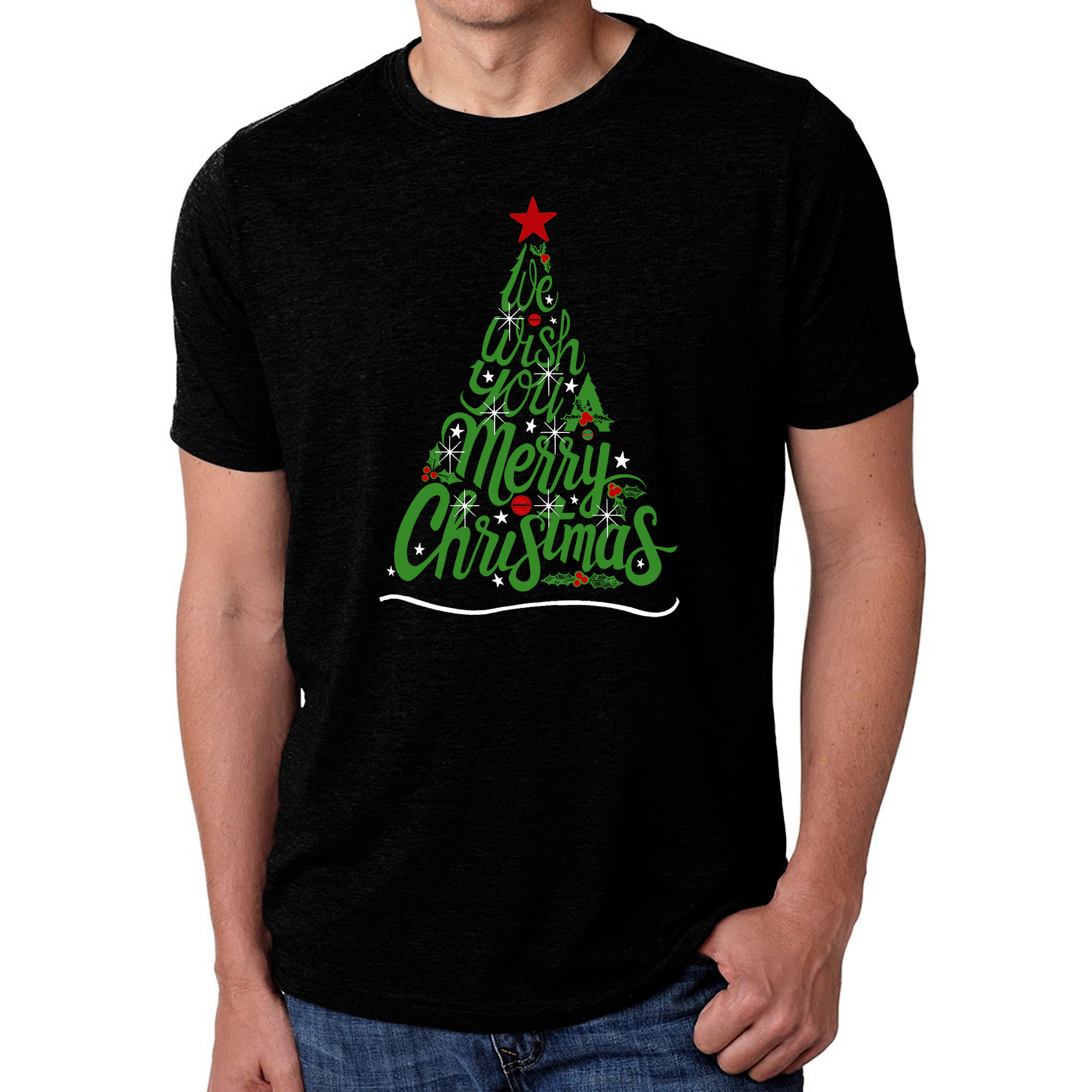 LA Pop Art Men's Cotton-Poly Blend T-Shirt - 'We Wish You A Merry Christmas' Word