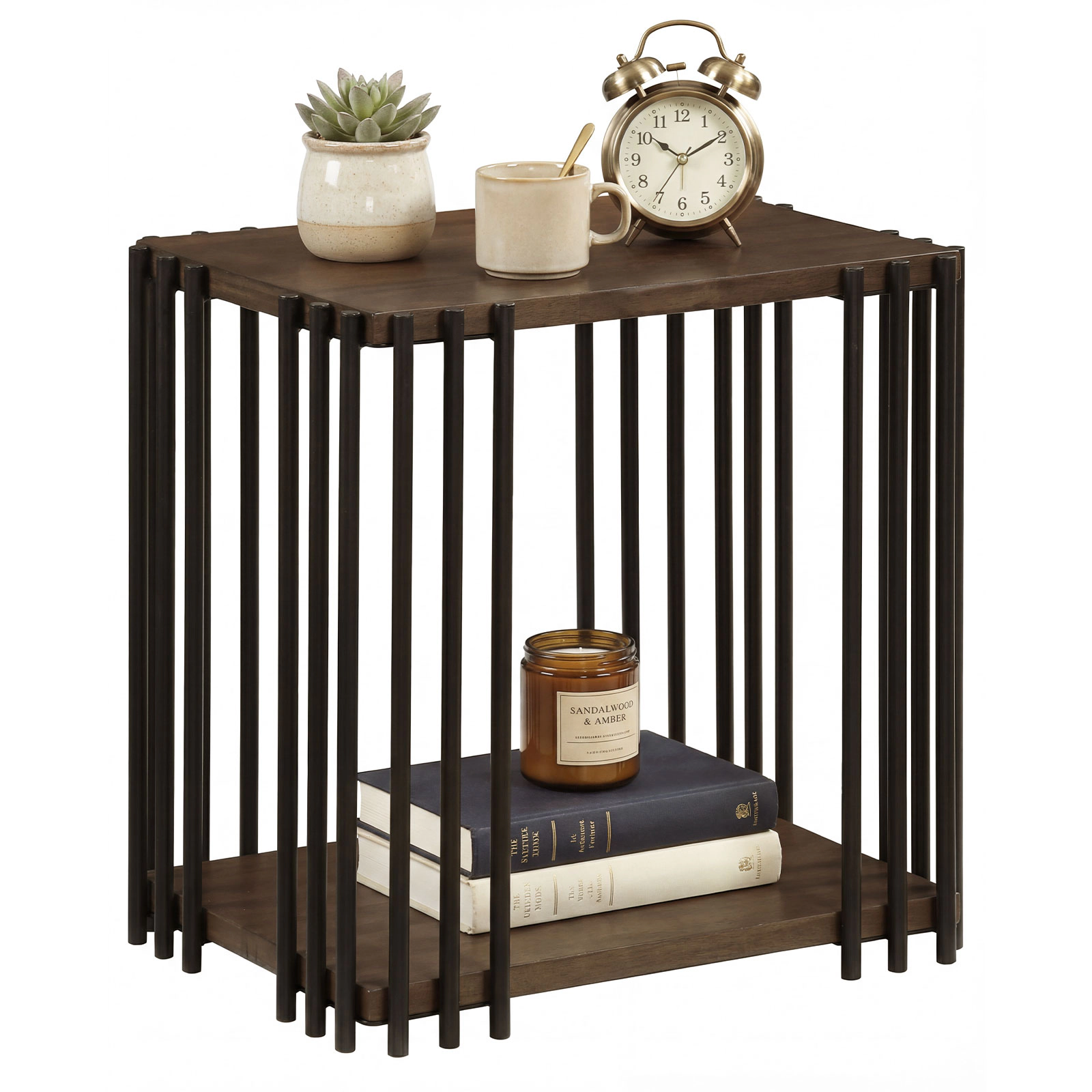 Glintex Rubber Wood Side Table with 2-Layer Shelves and Black Metal Frame, Walnut
