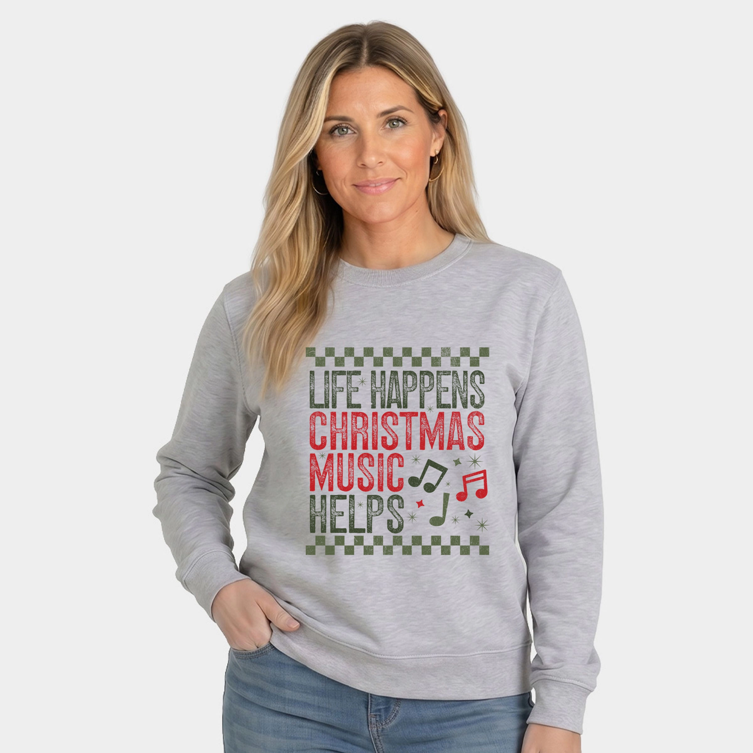 Simply Sage Market - Women's Graphic Sweatshirt Christmas Music Helps Checkered