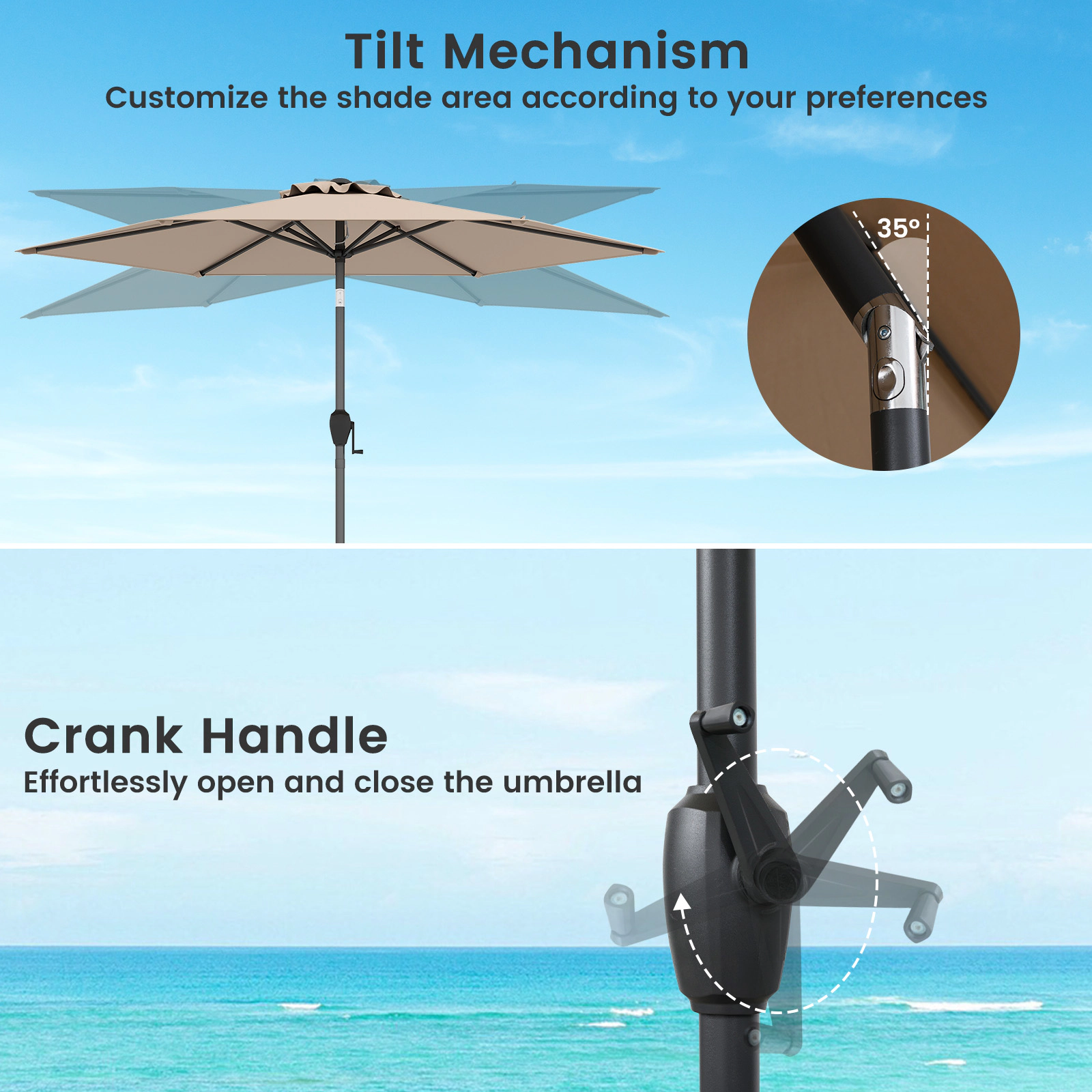SUGIFT 7.5-ft Outdoor Patio Heavy Duty Market Umbrella with Crank Lift Push Button Tilt and Air Vent Tan