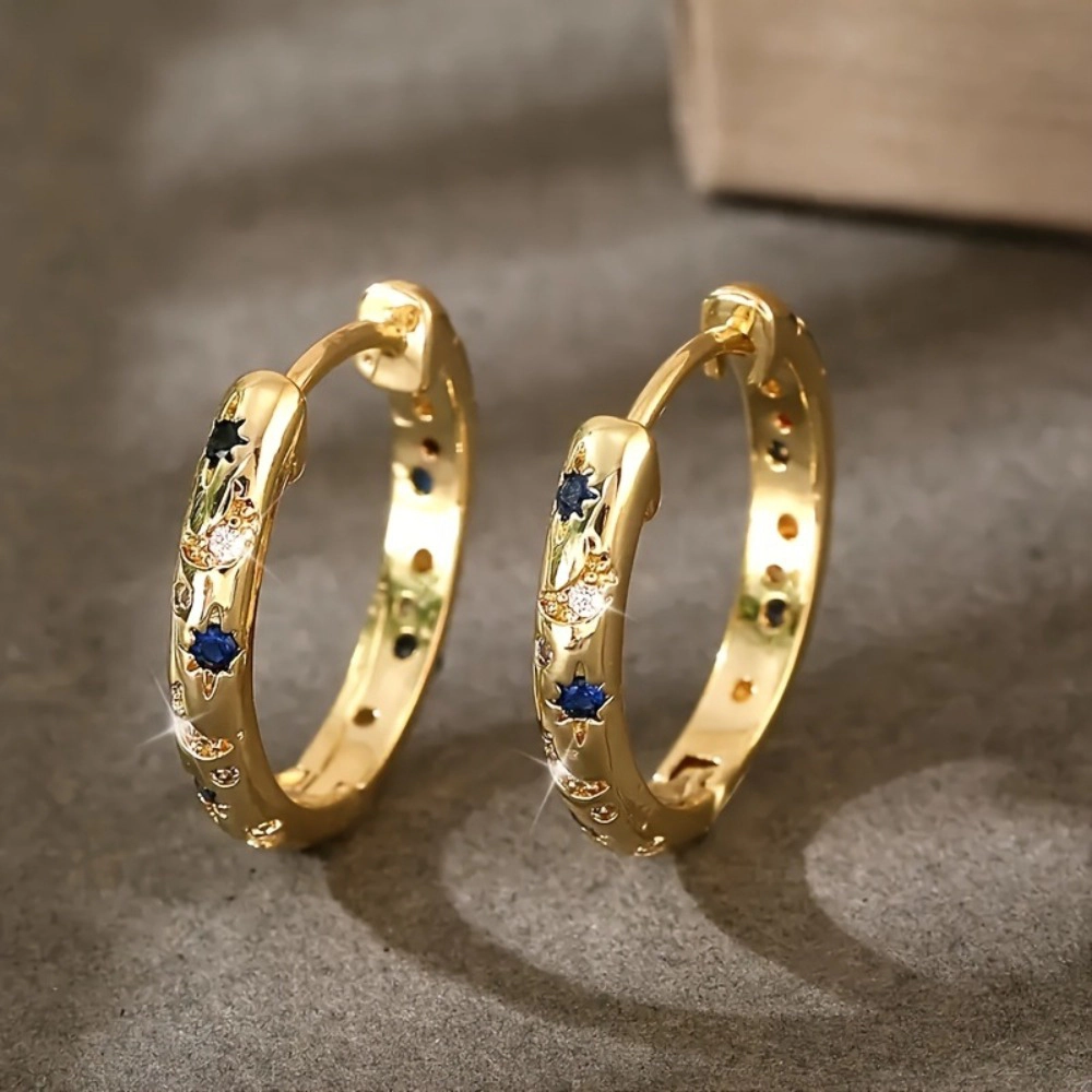 Star Moon Blue Crystal Huggie Hoop Earring