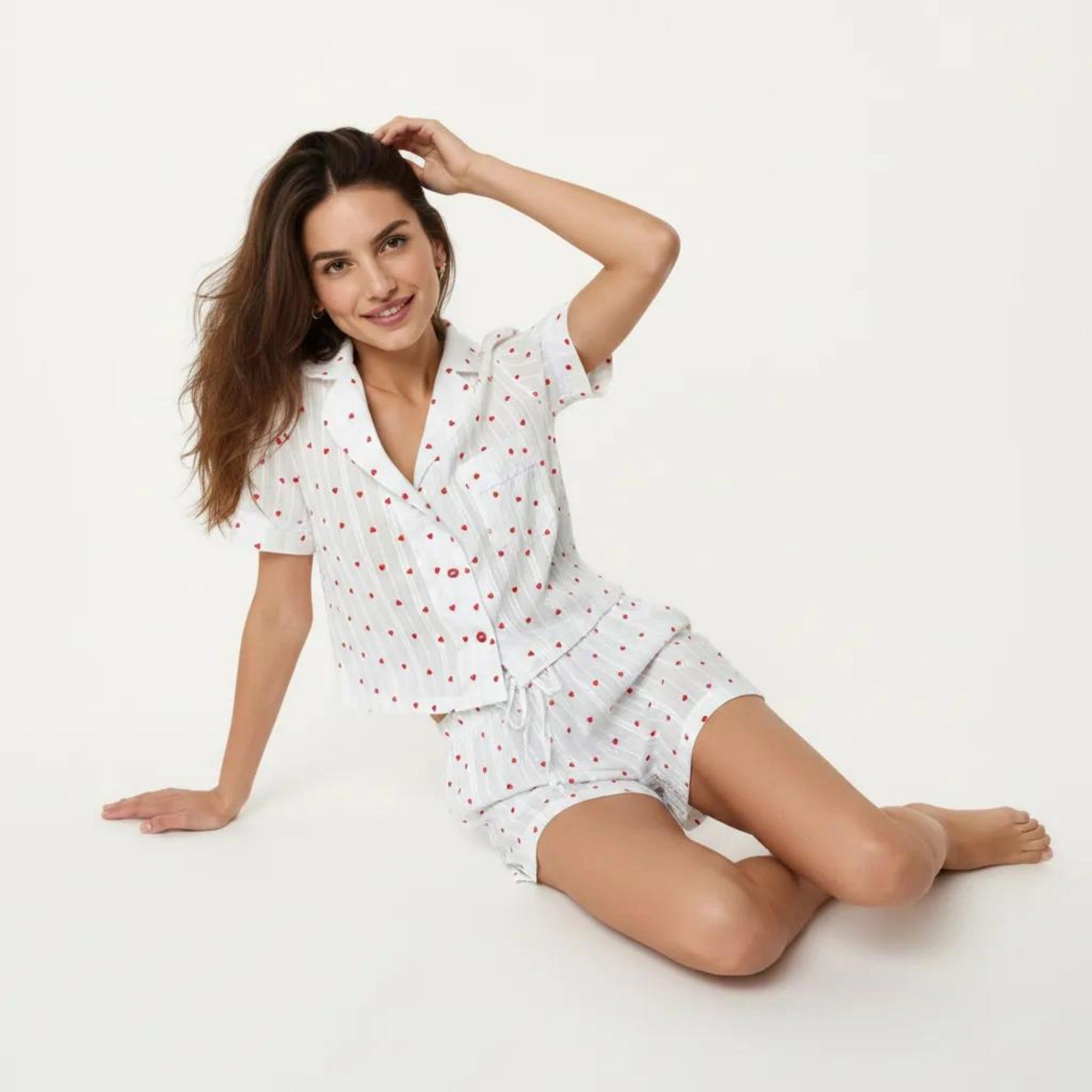 Anna-Kaci Women's 2-Piece Button Down Pajama Shirt and Shorts Short Sleeve Heart Printed Lounge Sleepwear Set