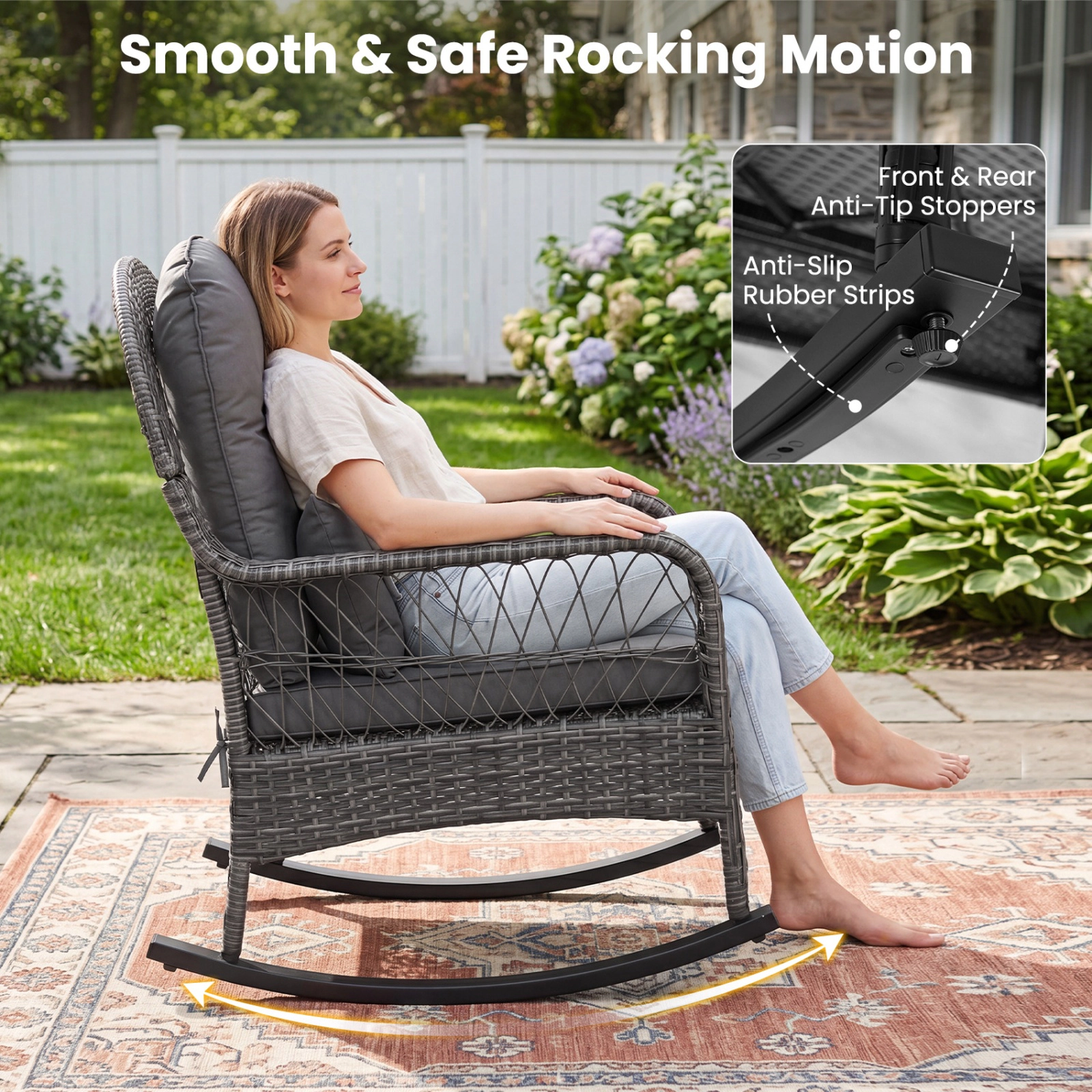 SUGIFT 400-lb Capacity Patio Rattan Rocker Chair with Anti-Tip Stoppers and Cushions 25-in Wide 34-in Tall Porch Gray