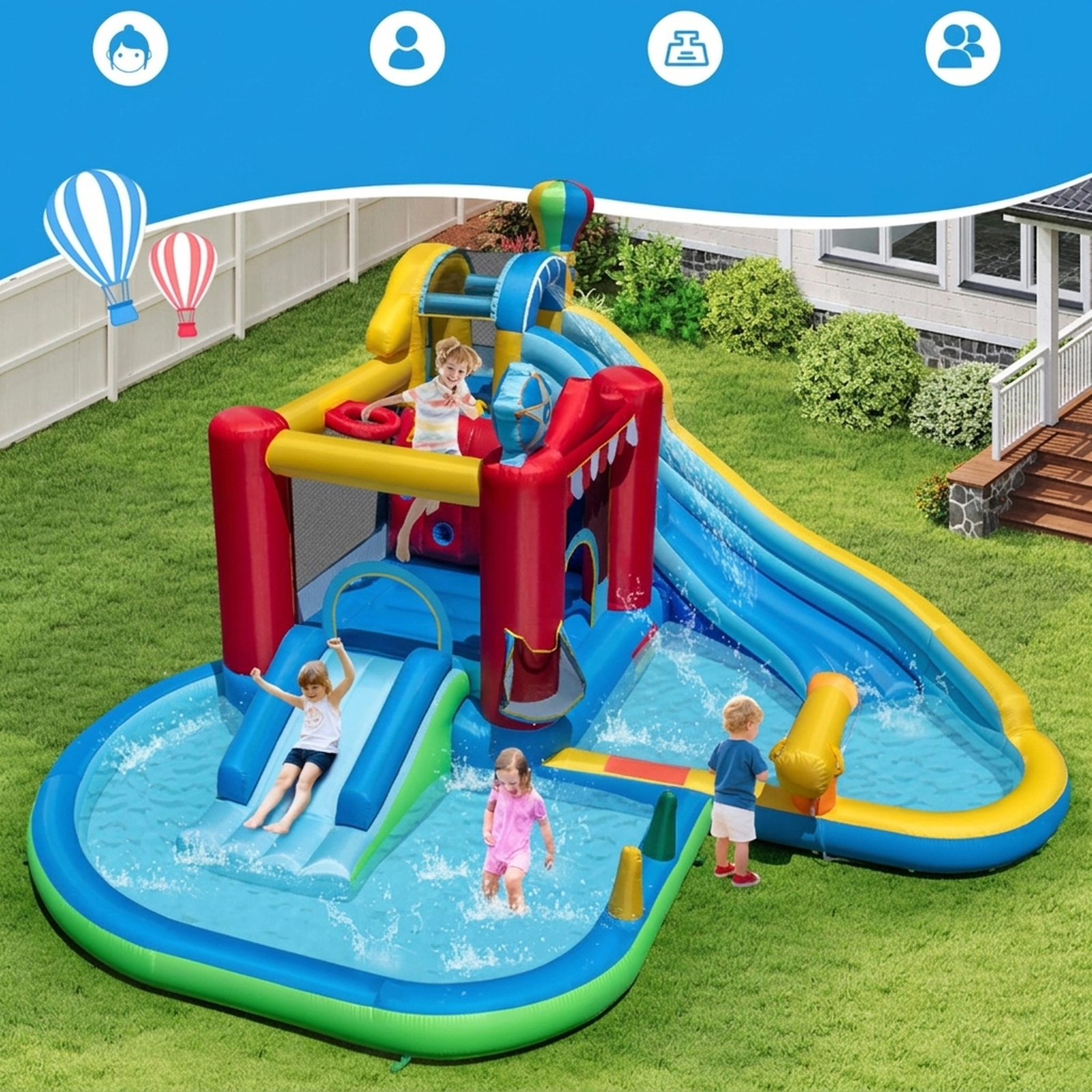 SUGIFT Inflatable Water Park with Splash Pool Water Cannon and Bounce House 200-lb Capacity Ages 3-12 Multi-Color