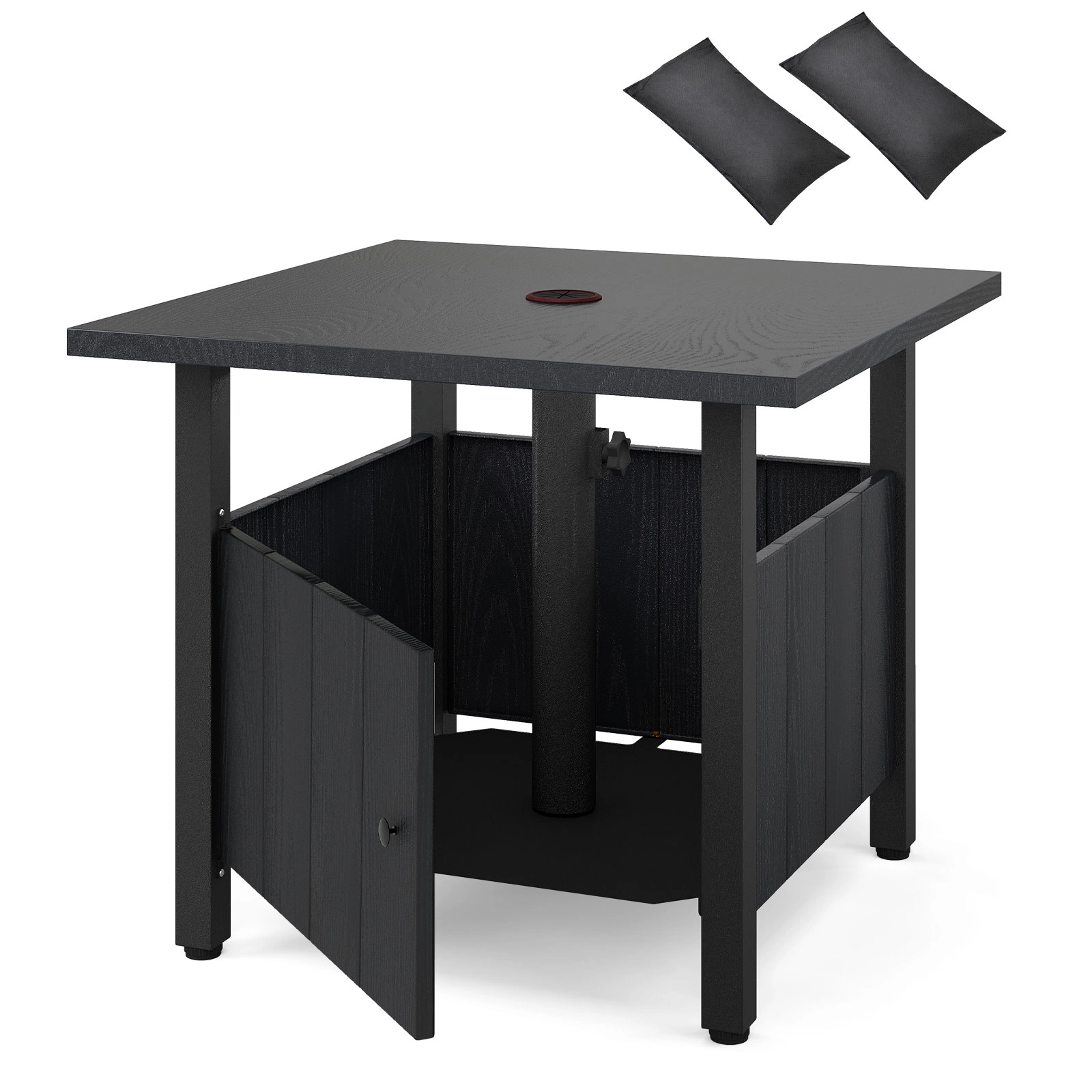 SUGIFT 22-In Black Outdoor Patio Side Table with Umbrella Hole, Base and Storage Door
