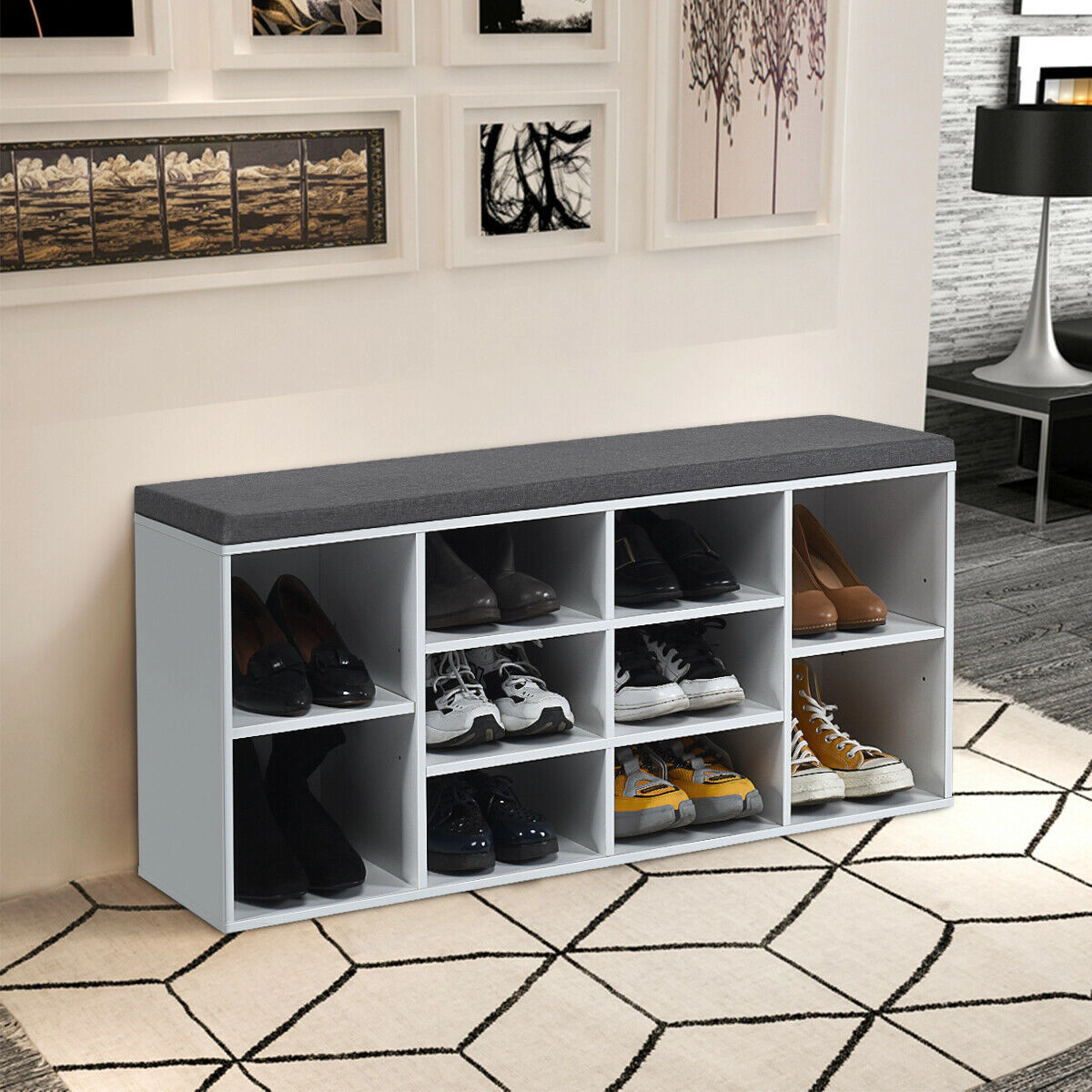 SlickBlue Shoe Storage Bench with Cushion and Adjustable Shelves