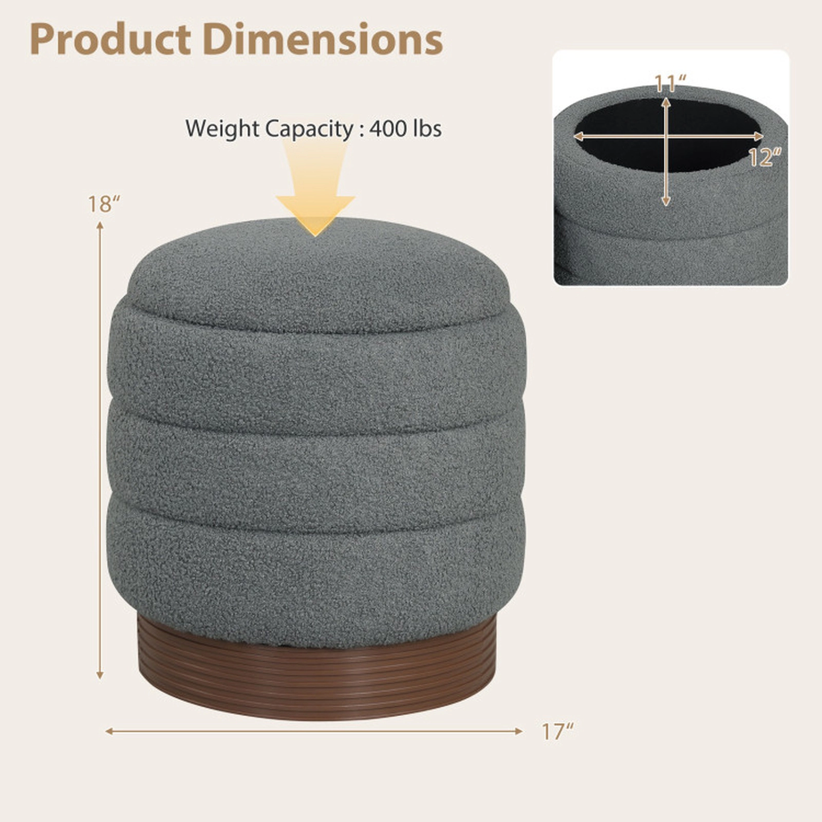 SUGIFT Gray Round Boucle Storage Ottoman, 400 lb Capacity, 360° Swivel Top
