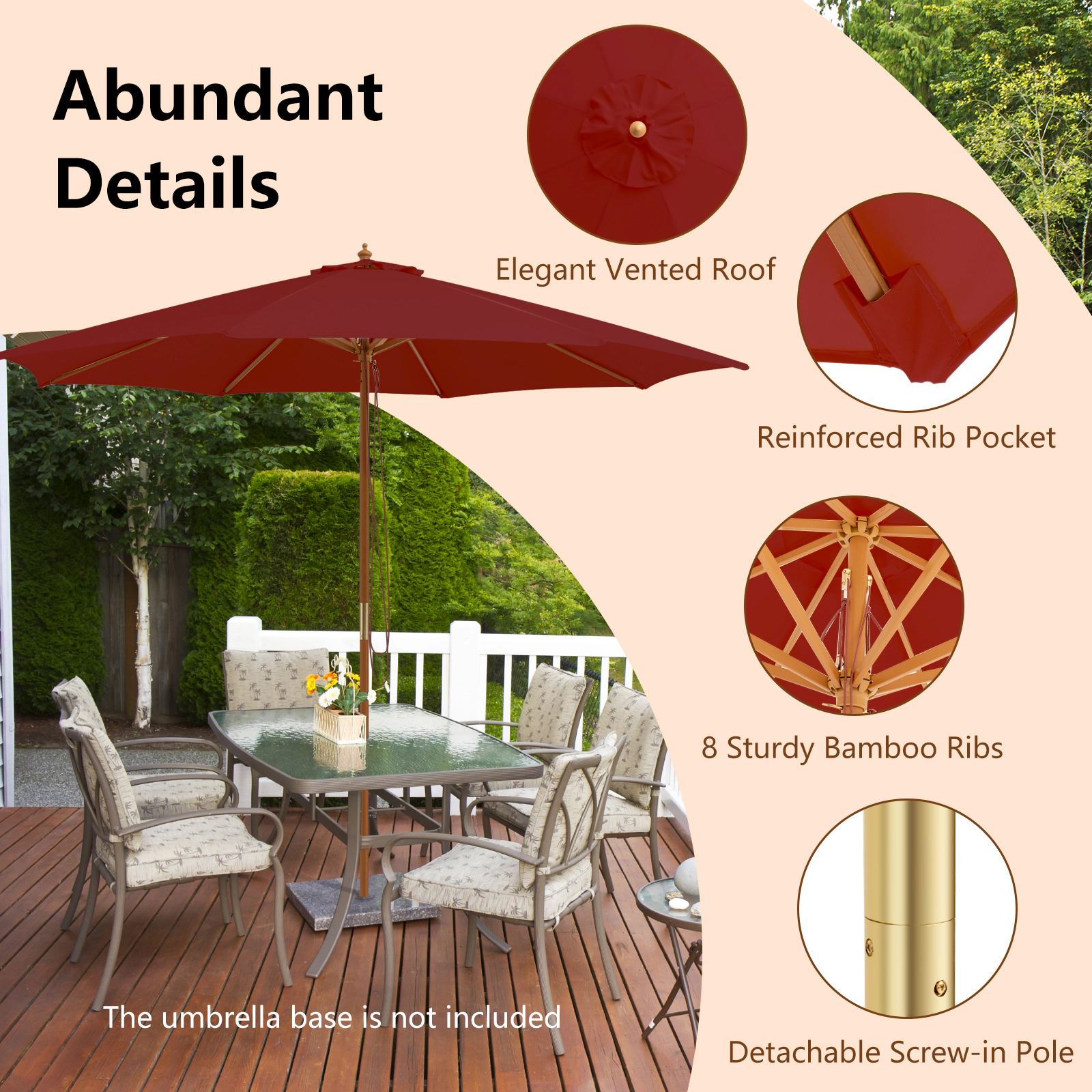 SUGIFT 10-ft Wine Patio Umbrella with Wooden Pole 8 Bamboo Ribs and 3 Adjustable Heights 8.6-ft H
