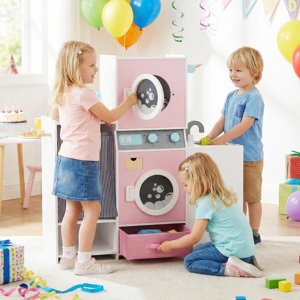 Hivvago Wooden Kids Laundry Playset with Laundry Detergent Bottle and Clothes Hangers