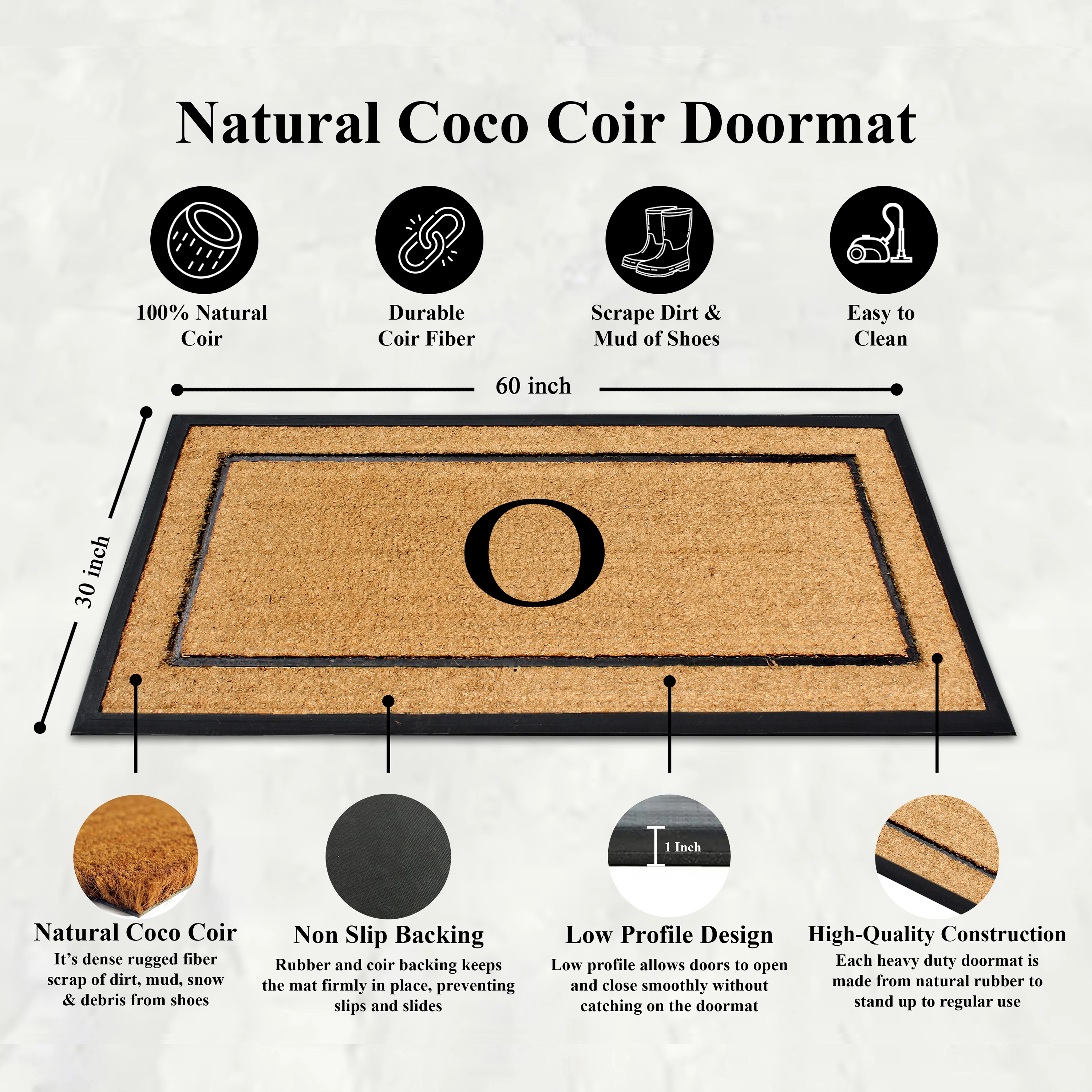 A1 Home Collections 30 in x 60 in Monogrammed Natural Coir & Rubber Heavy-Duty Front Door Mat Letter C