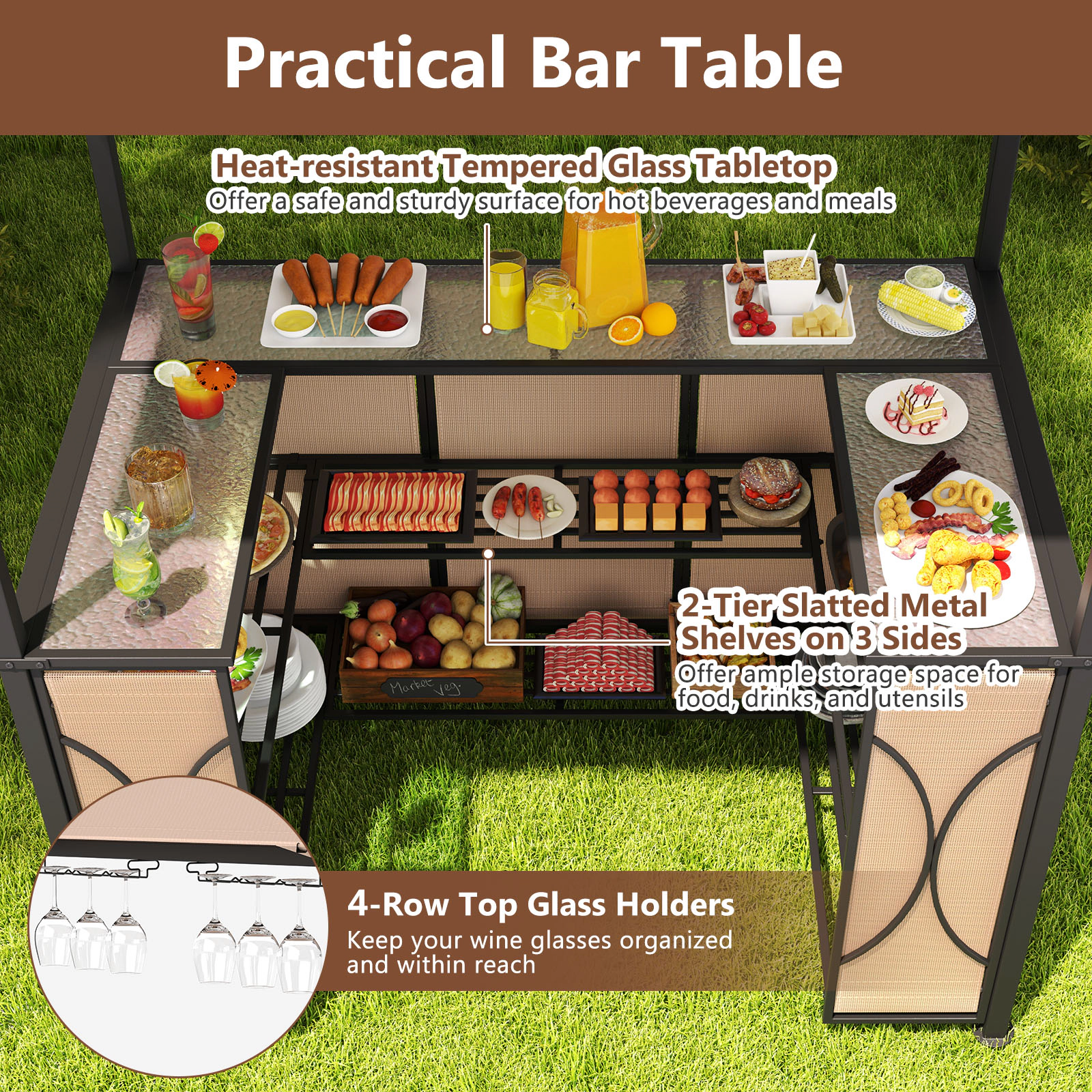 SUGIFT Double Roof Grill Gazebo Set with Bar Table 2 Bar Stools and Cushions Brown/Gray