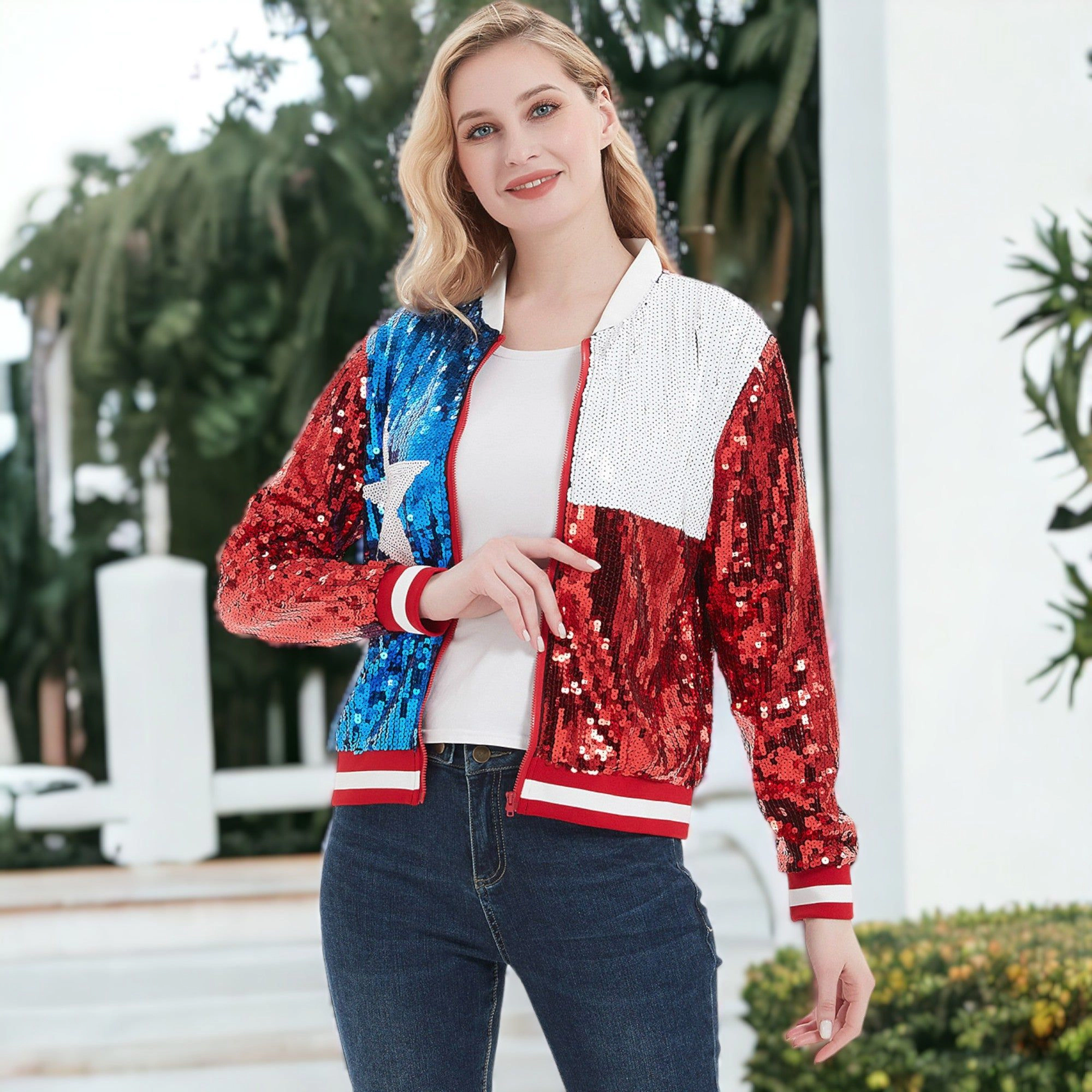 Anna-Kaci Women's Sequin American Flag Bomber Zip-Up Jacket