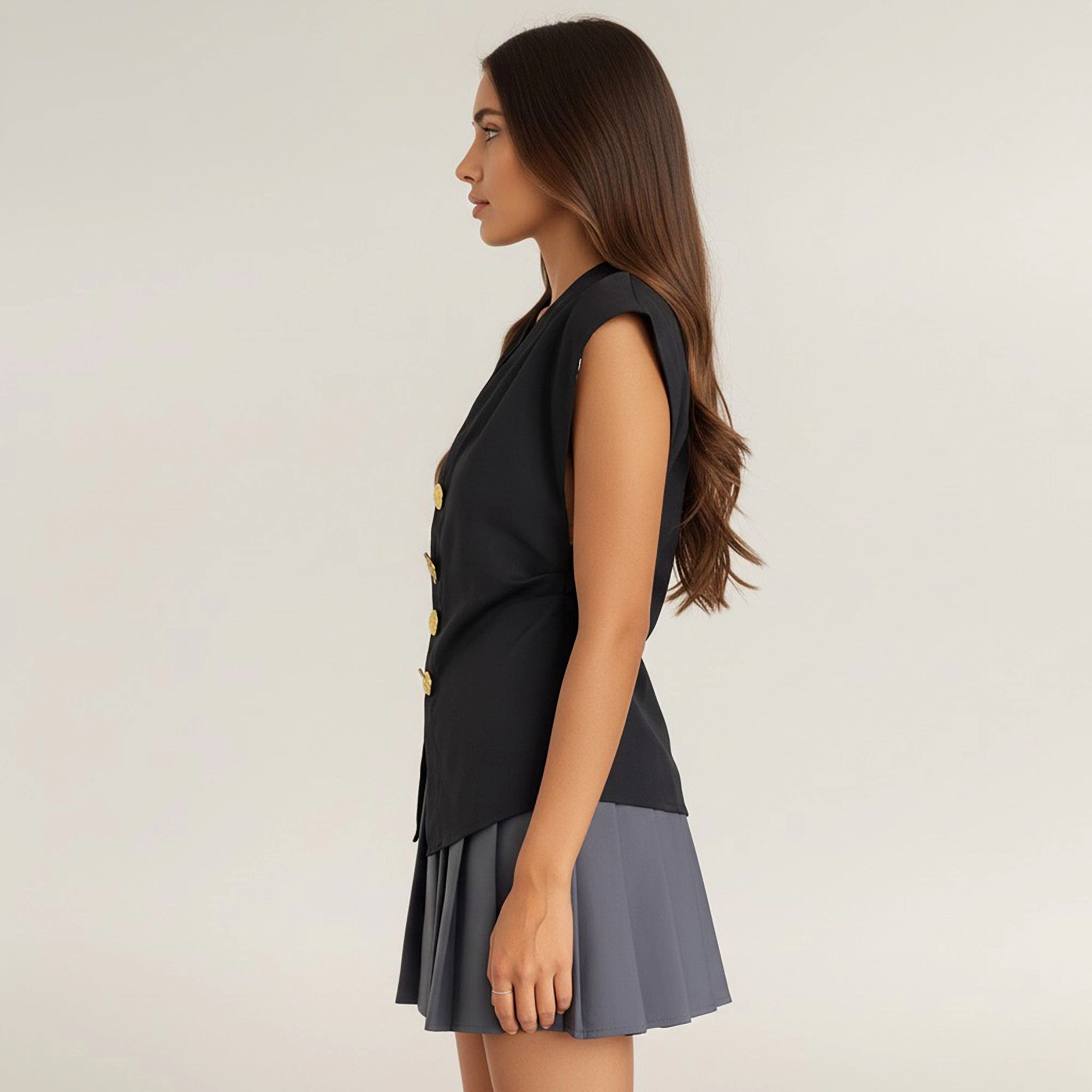 Anna-Kaci Women's Sleeveless Tailored Vest with V Neckline and Decorative Button Front