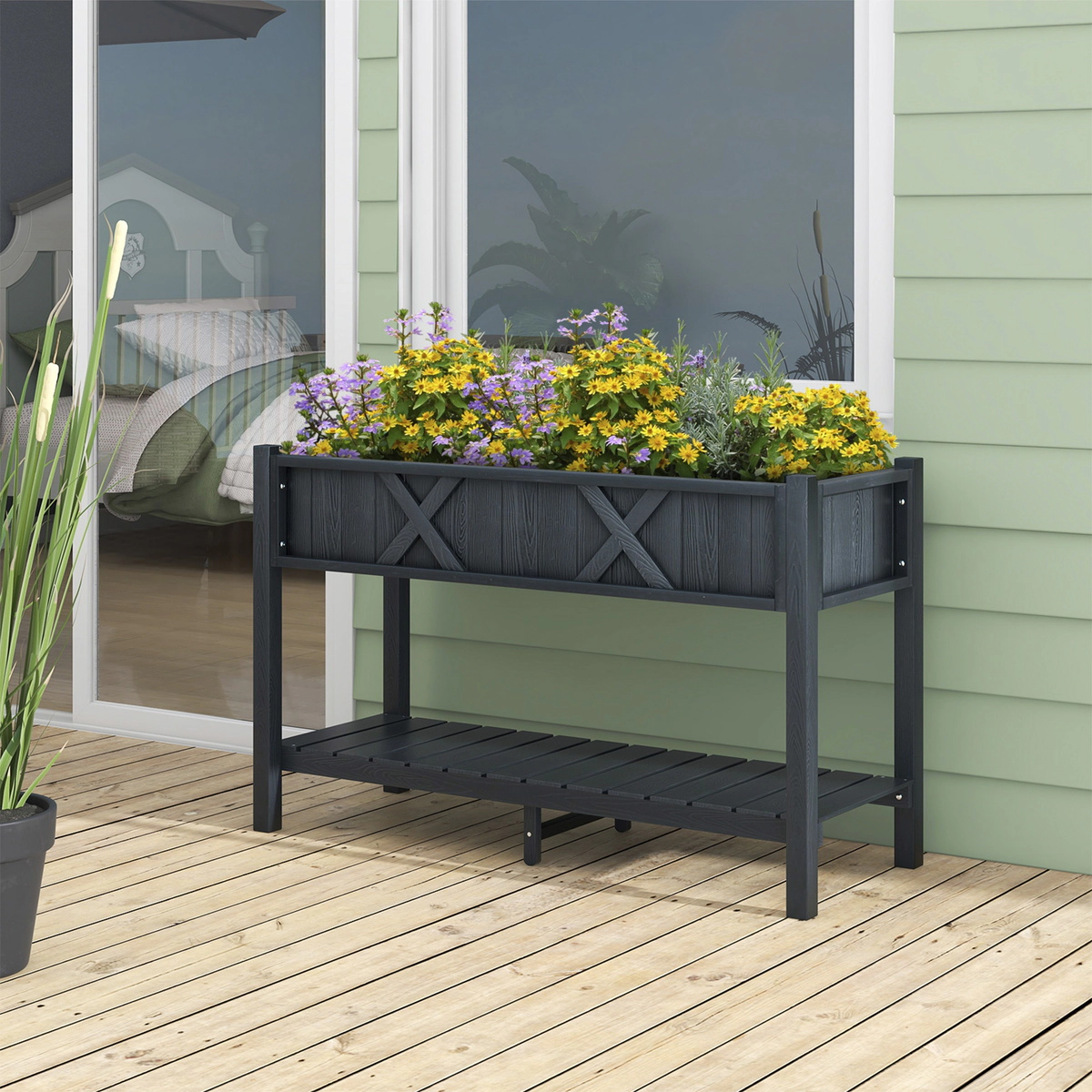 SUGIFT 47-in 110-lb Capacity Black HIPS Poly Wood Elevated Raised Garden Bed with Legs and 66-lb Storage Shelf