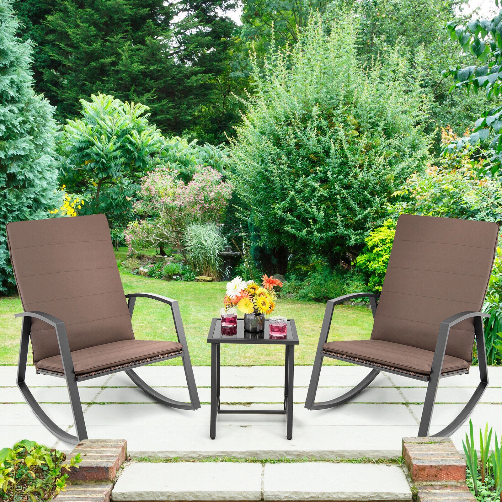 SUGIFT Glass Top Table and Padded Cushions 3-Piece Patio Rattan Rocking Chair Set