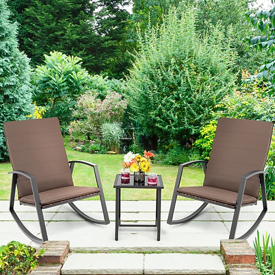 SUGIFT Glass Top Table and Padded Cushions 3-Piece Patio Rattan Rocking Chair Set