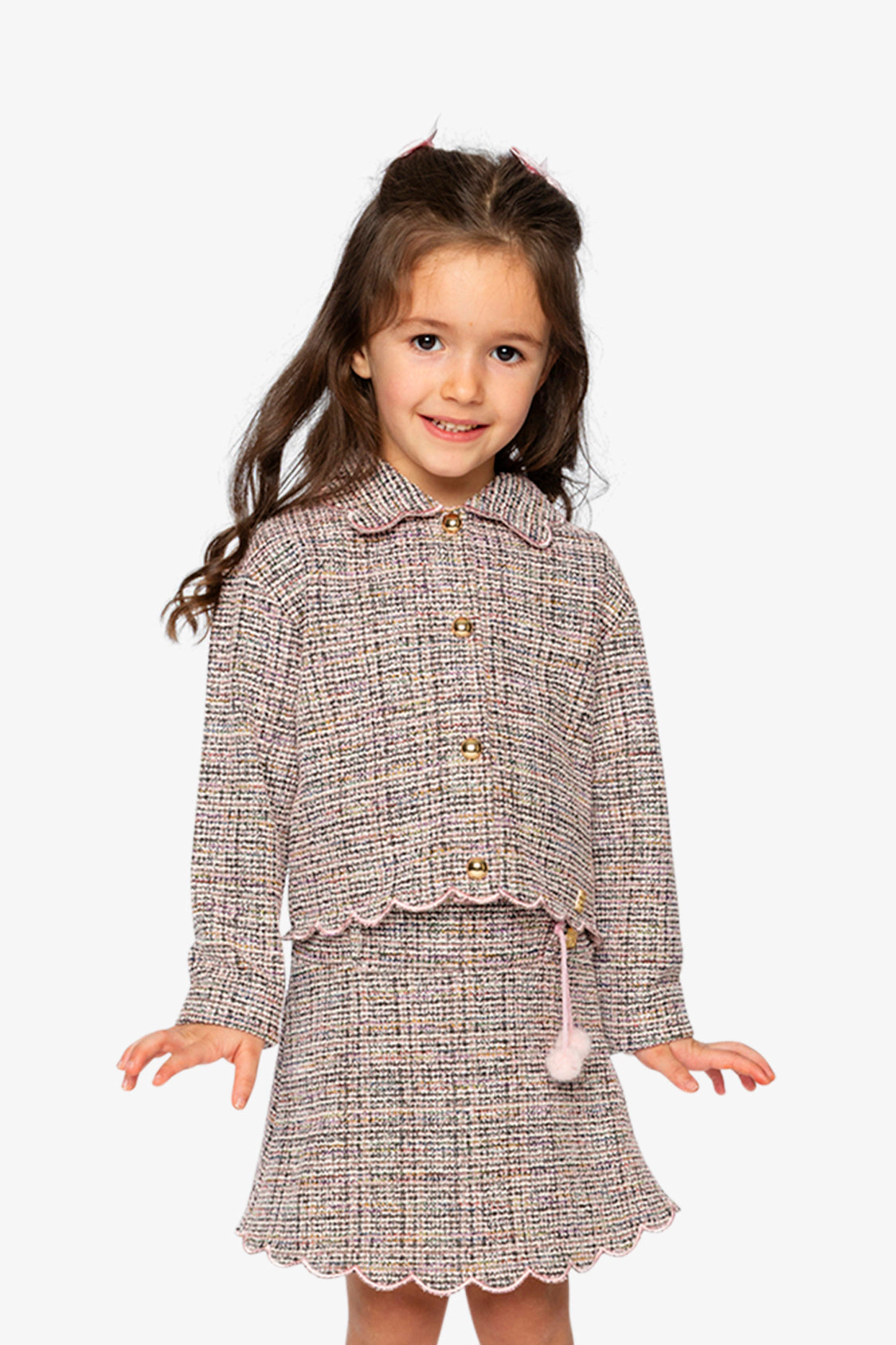 Deux par Girls Knit Short Jacket with Button Front and Scalloped Collar Hem