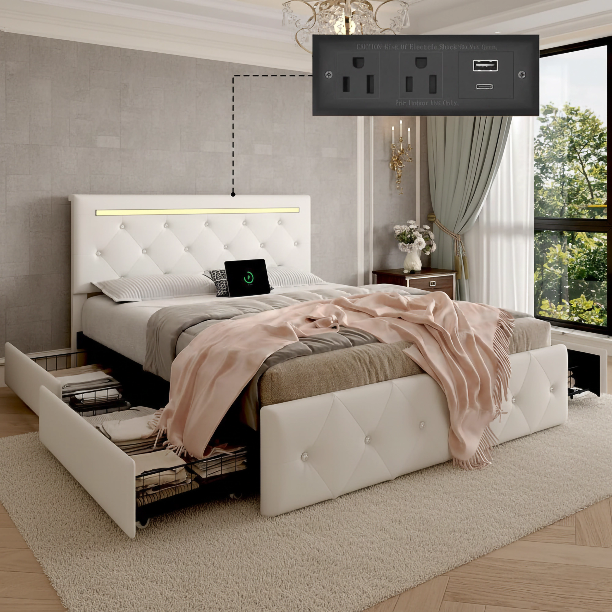 Flynama Full LED Bed Frame with 4 Drawers, PU Upholstery, Adjustable Headboard & Charger, White