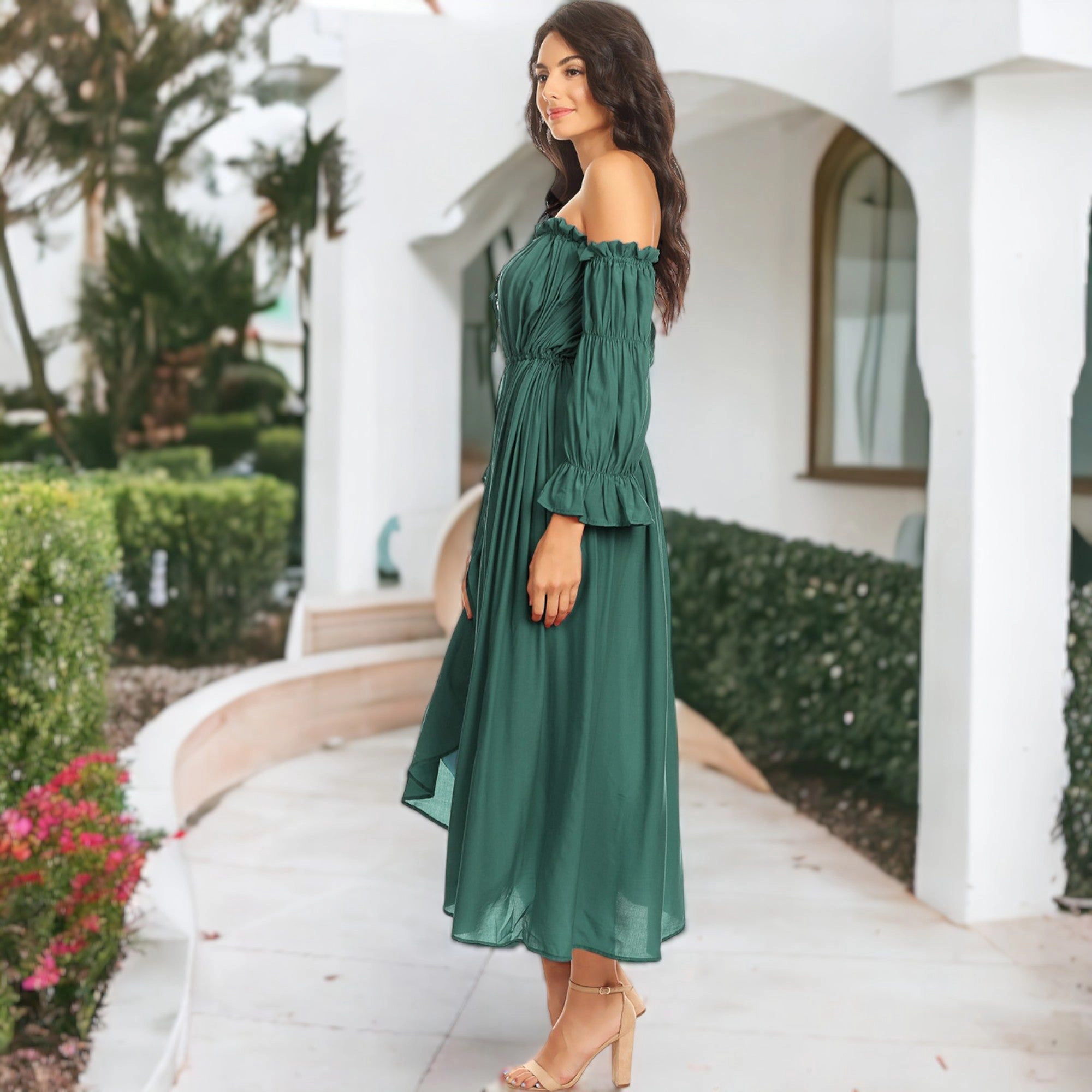 Anna-Kaci Women's Boho Off Shoulder Long Sleeve Renaissance Dress