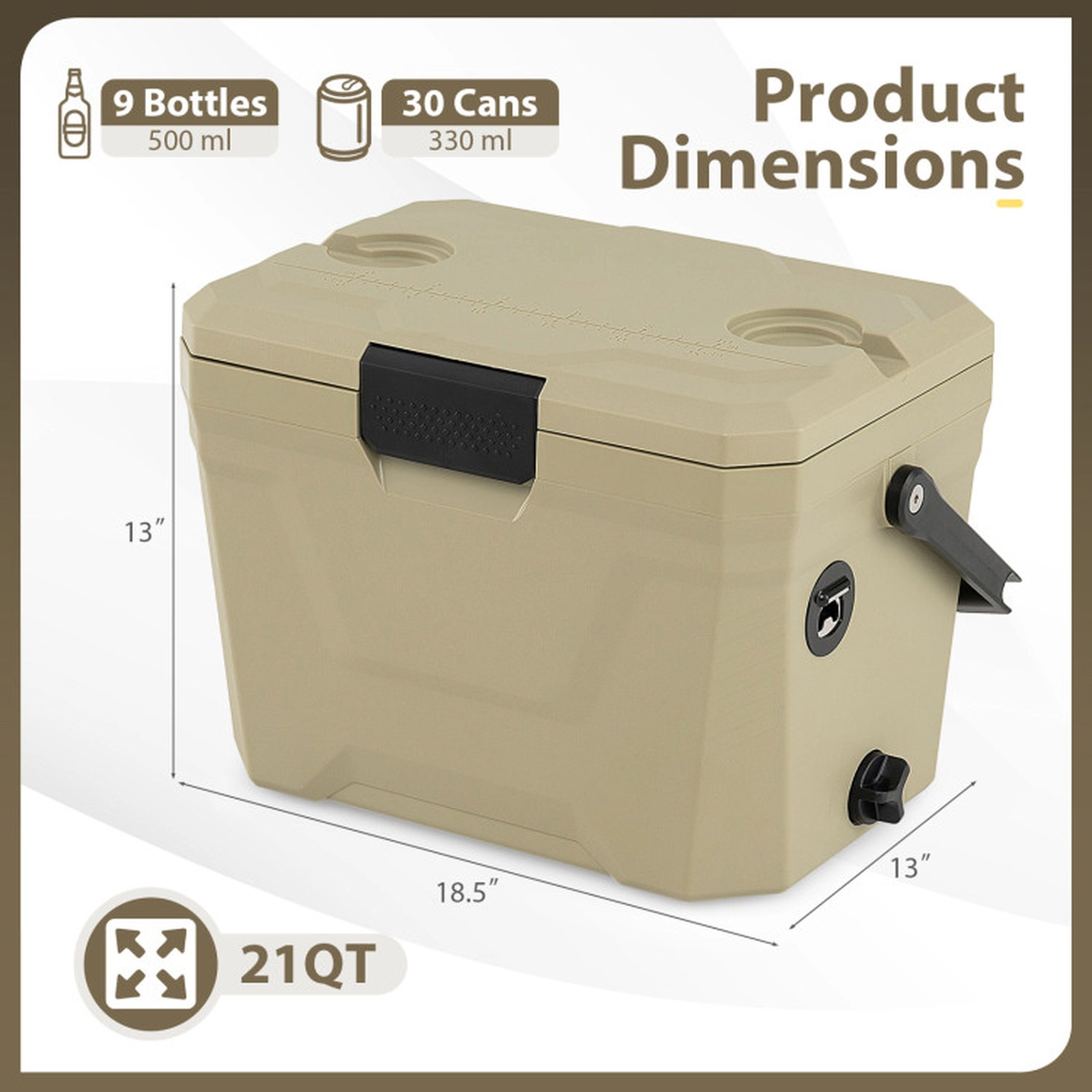 SUGIFT Sand 21-qt Small Hard Shell Insulated Cooler Ice Chest with 2 Cup Holders and Bottle Opener
