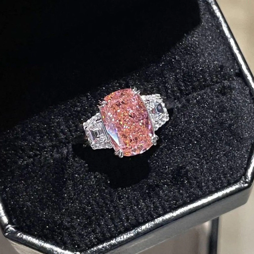 Wardrobe Whimsy Cushion Cut Pink Cubic Zirconia Three‑Stone Engagement Ring