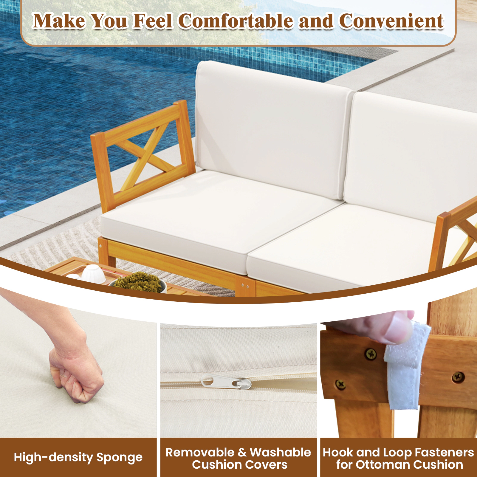 SUGIFT 2-Tier Coffee Table and Ottoman 5-Piece White Acacia Wood Patio Sectional Set