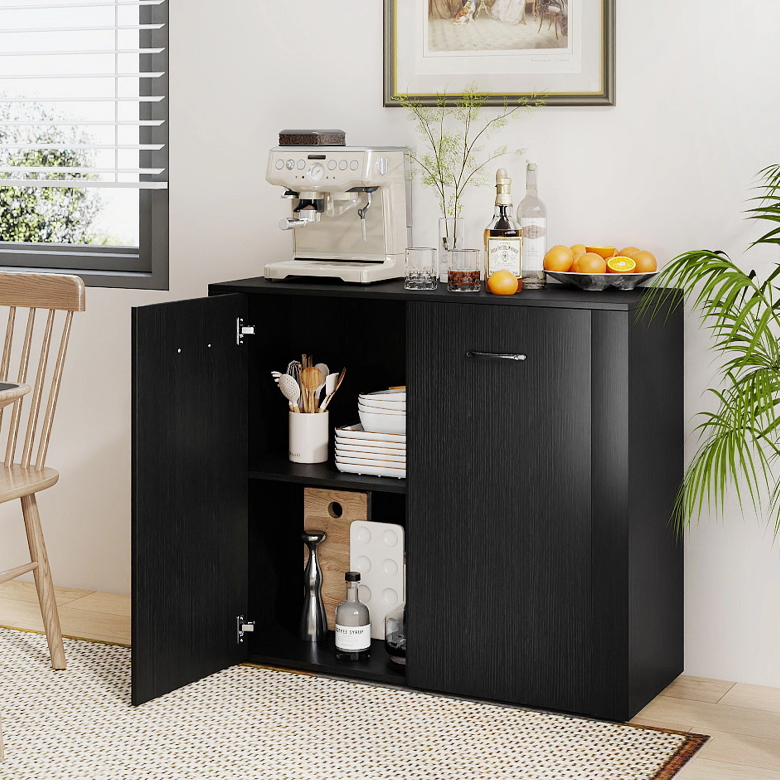 SUGIFT 38-in Black Coffee Bar Buffet Sideboard Cabinet with 4 Cube Storage and Doors for Dining Room