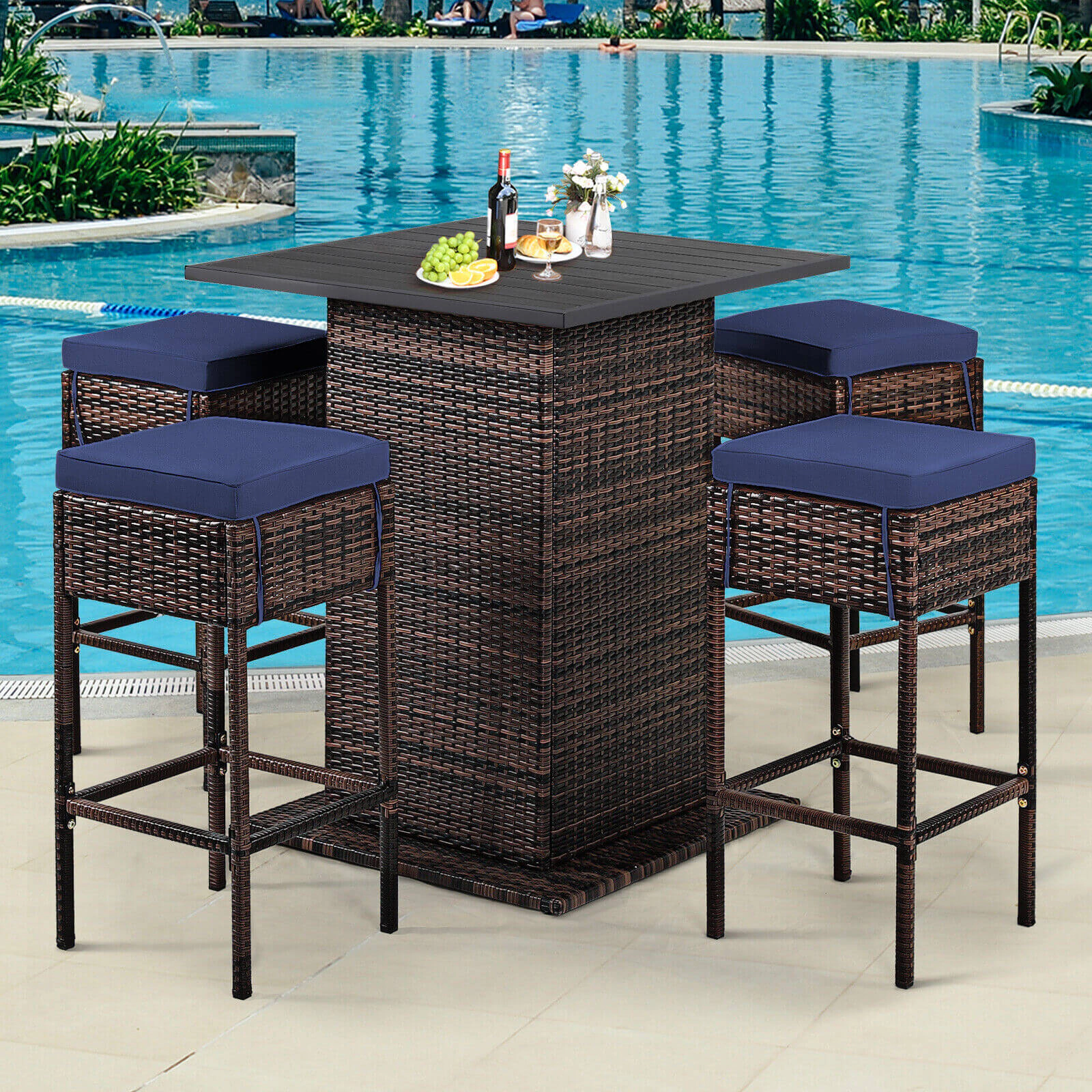 LJG 5 Pieces Patio Rattan Bar Table Stool Set Hidden Storage Shelf Cushioned
