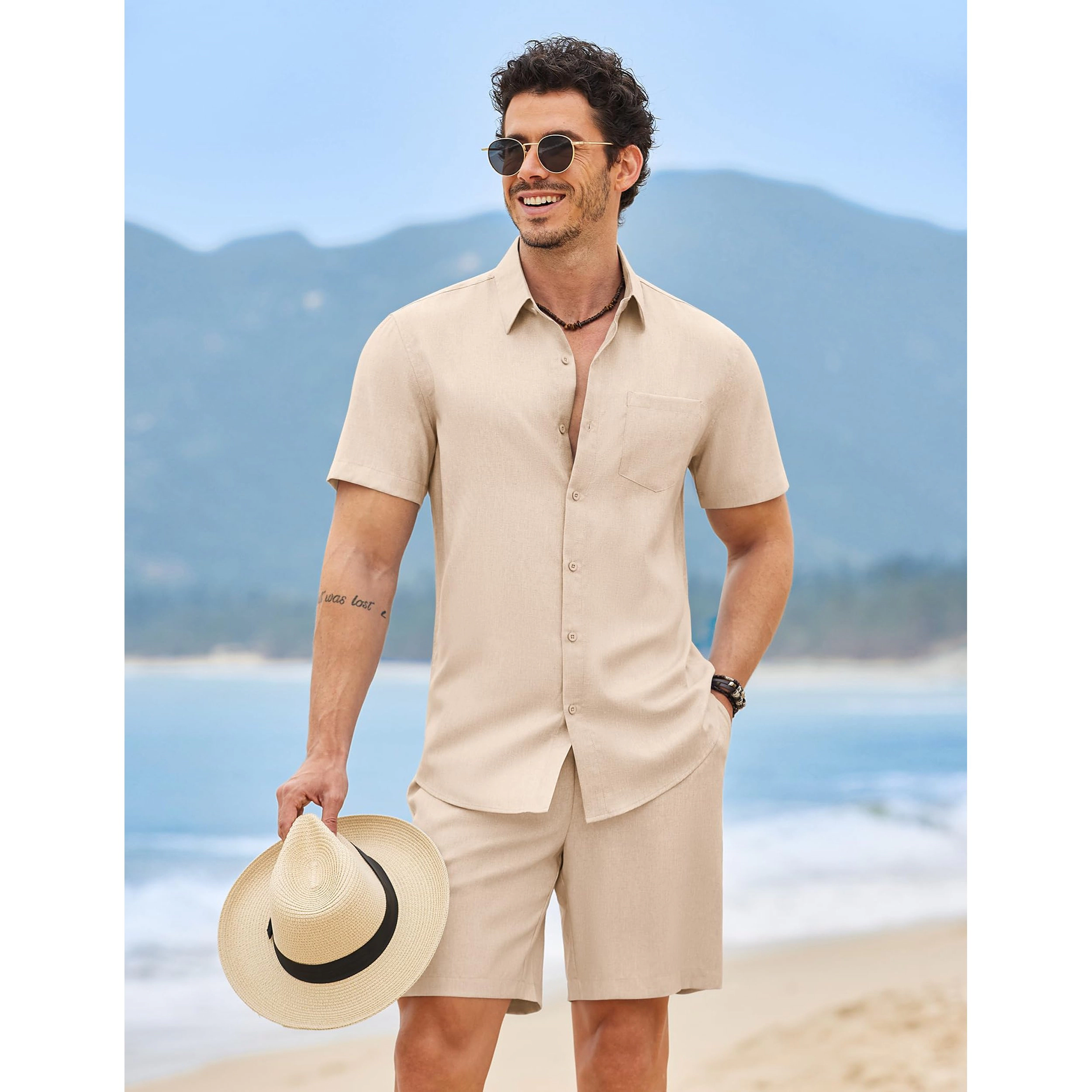 COOFANDY Men's Regular Fit Short Sleeve Button Down Shirt and Shorts Two Piece Set