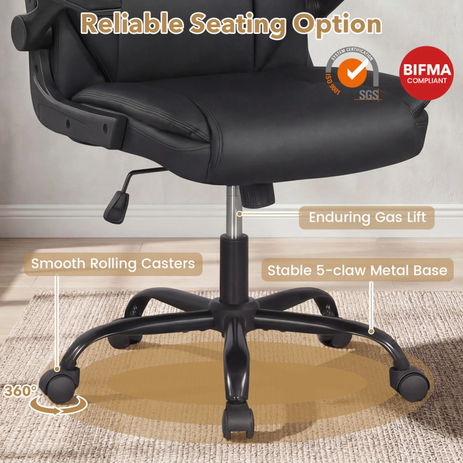 SUGIFT Ergonomic Leather Office Chair with Rocking Function and Flip-up Armrests 350-lb Capacity Black 27 x 26 x 37-in