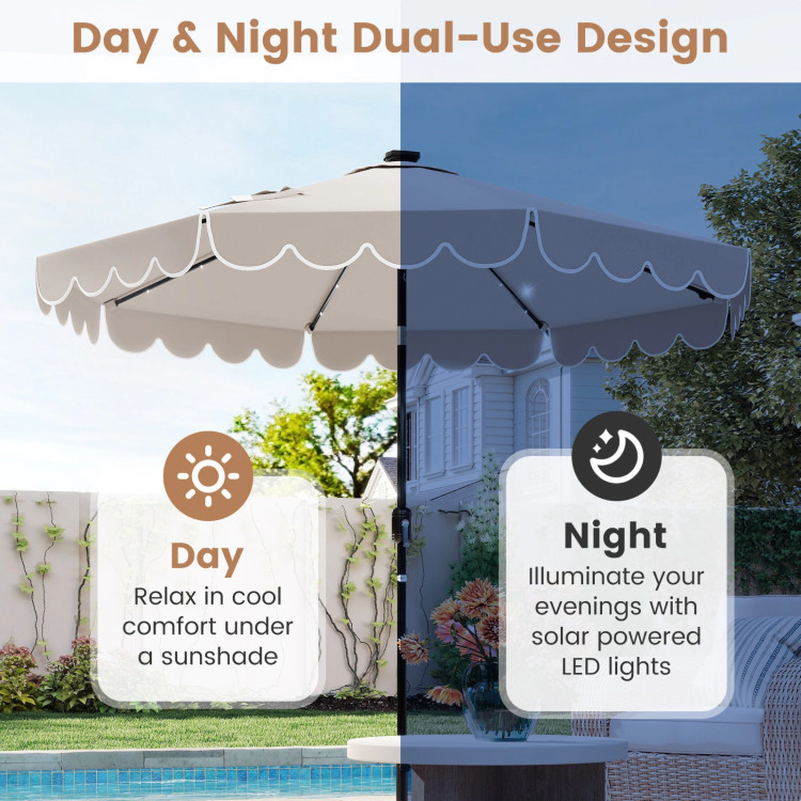 SUGIFT 9.3-ft Solar Patio Umbrella with 24 LED Lights Vented Top Ruffled Edges 9.3 x 8.2 in Polyester Canopy Beige