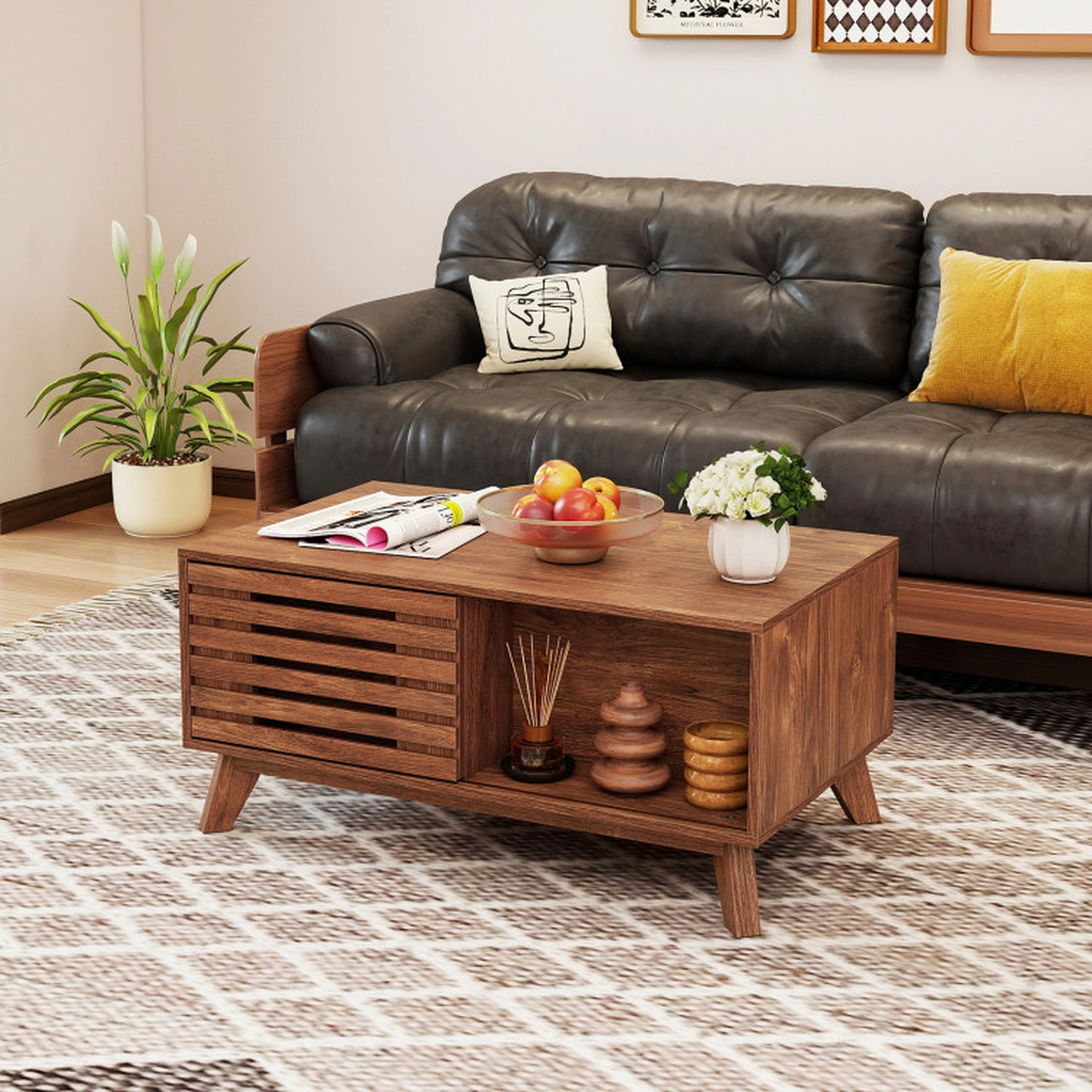 SUGIFT 35.5-in Lift Top Coffee Table with Hidden Compartment and Sliding Door 165-lb Tabletop Capacity Brown