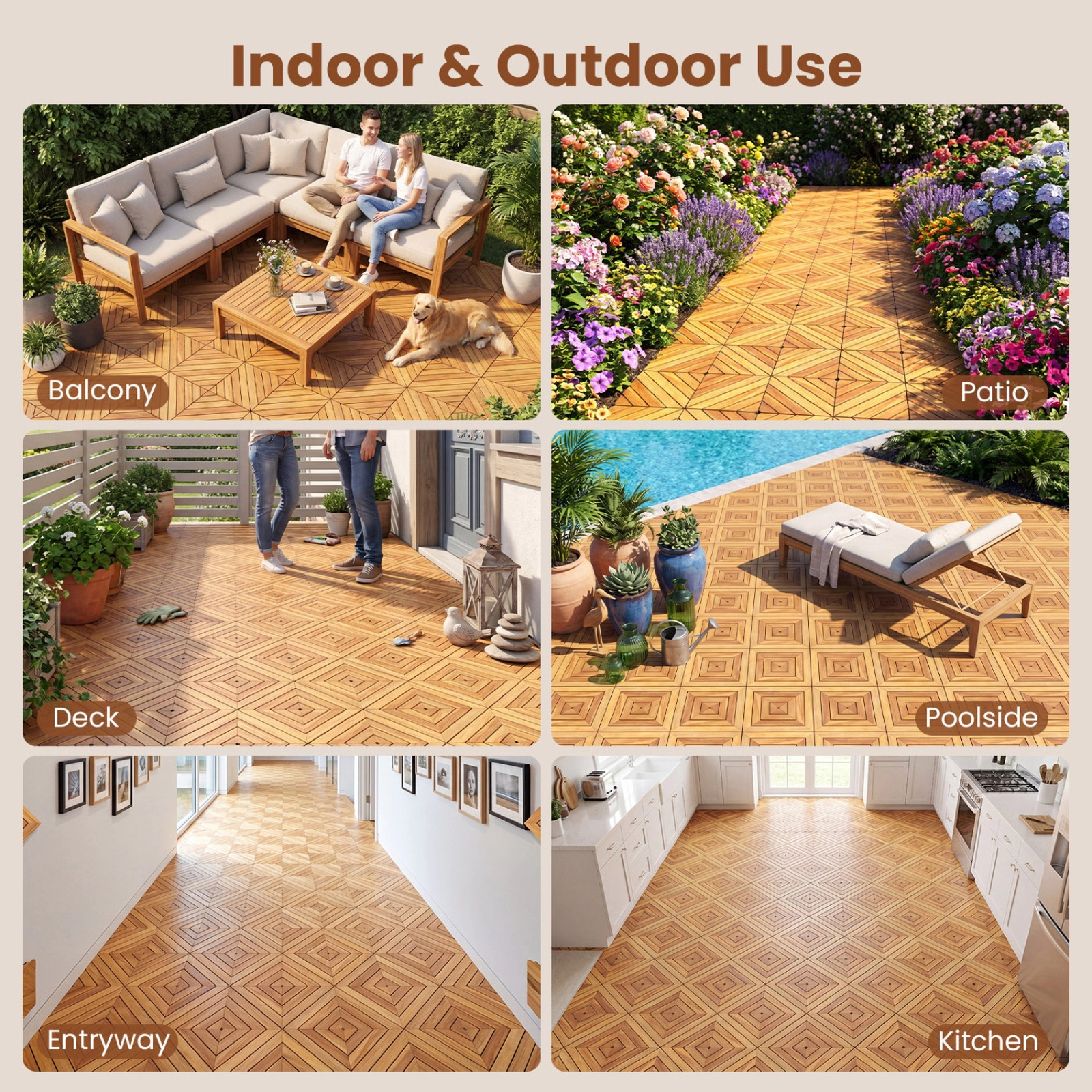 SUGIFT Natural 24-Piece Acacia Wood Deck Tiles with 3 Installation Patterns 12-in W 12-in D 500-lb Tile Capacity