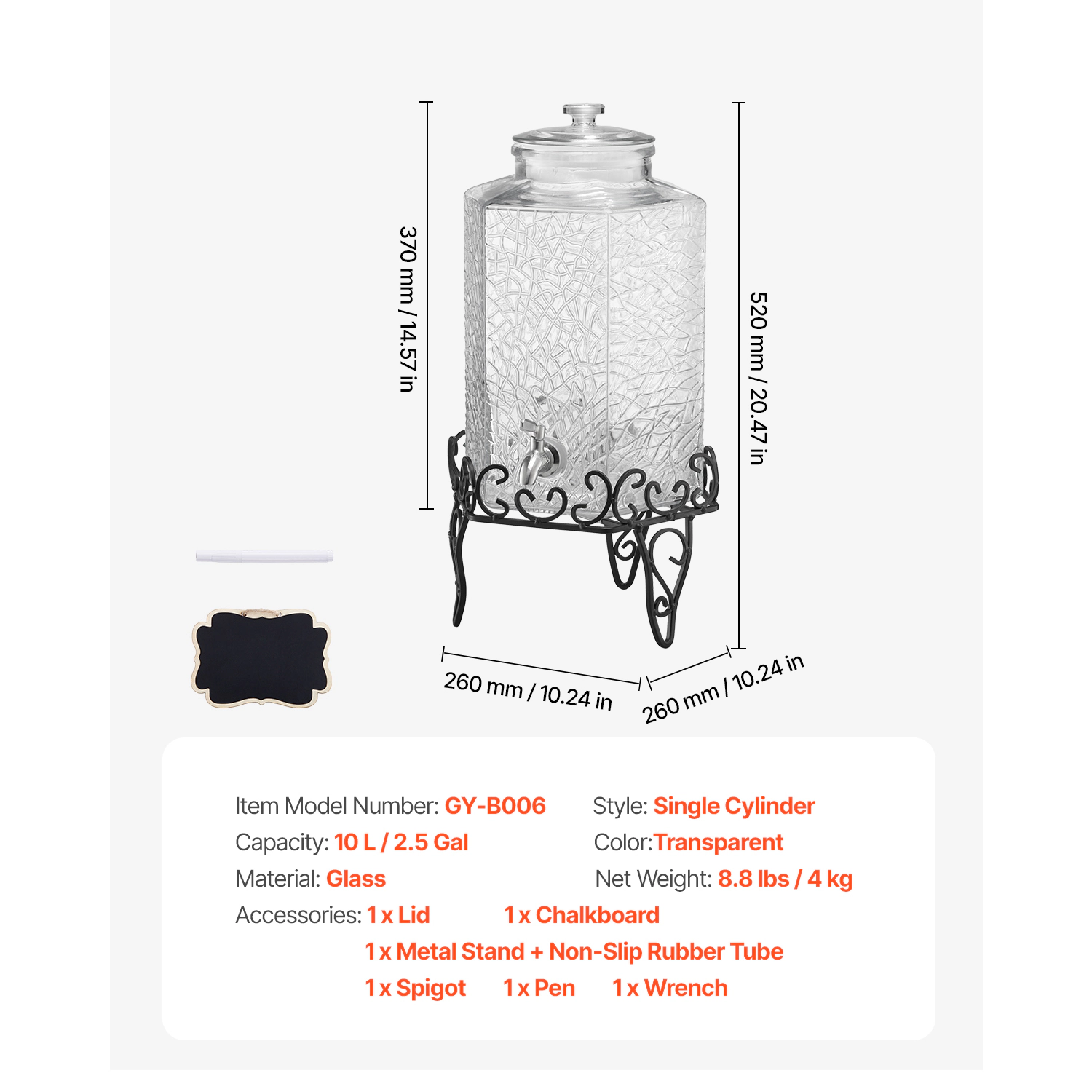 HONGGE Beverage Dispenser Drink Dispensers for Parties Glass Juice Dispenser with Metal Stand Stainless Steel Spigot