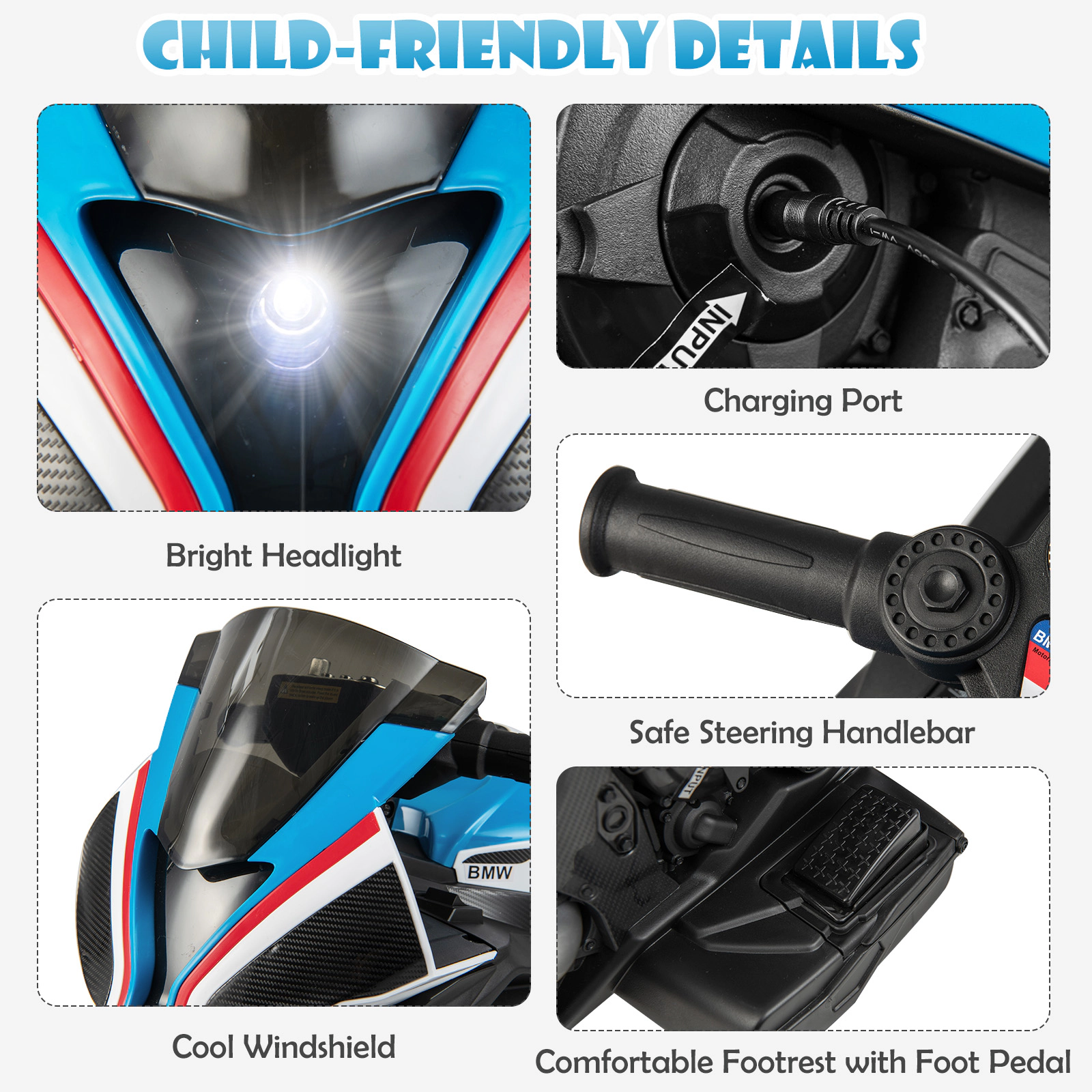 Glintex 12V Kids Ride-On Motorcycle with High-Low Speed and a USB Port