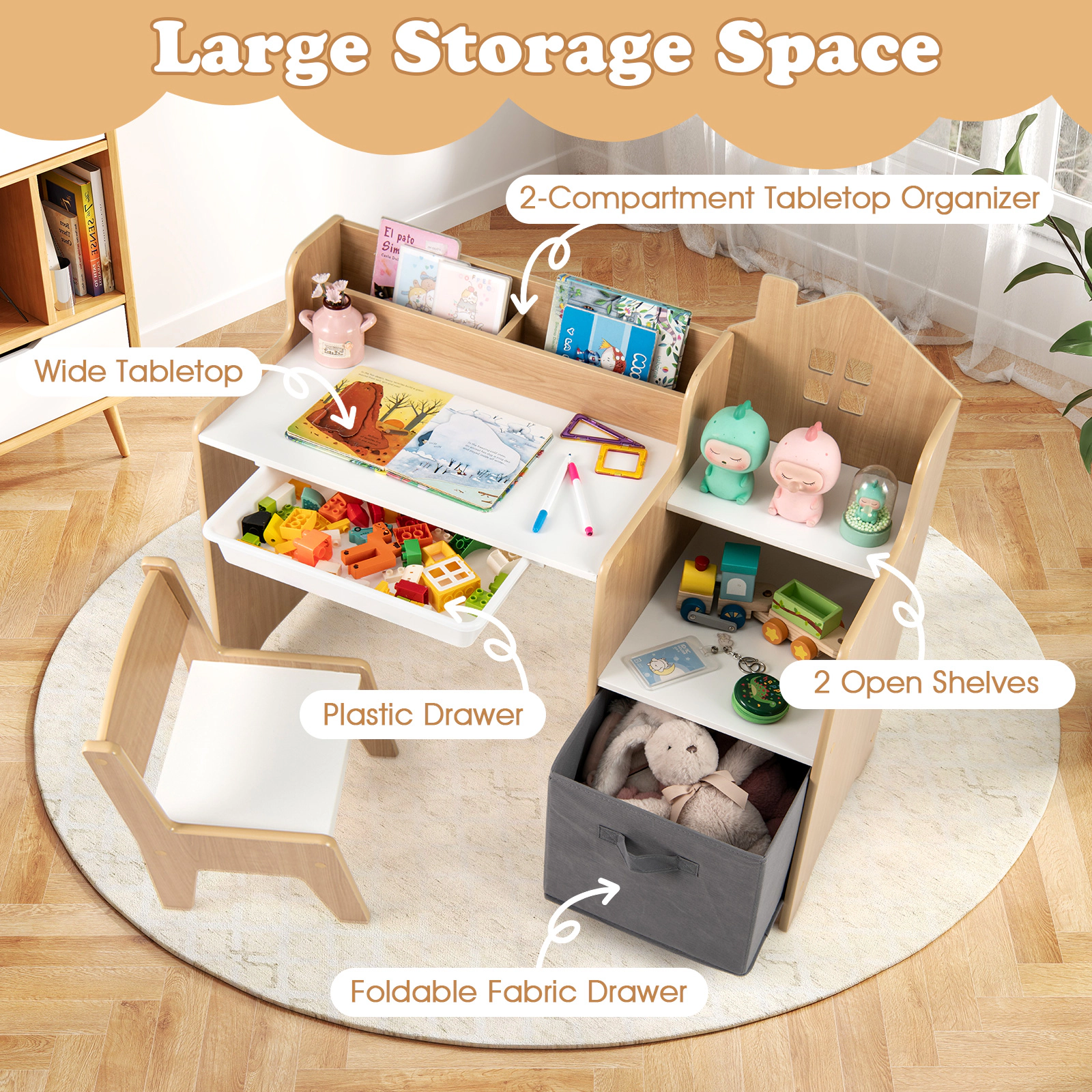 SUGIFT Kids Study Desk & Chair Set with Open Shelves Drawer & Fabric Storage Bin 44-lb Desktop Capacity Ages 3+ White