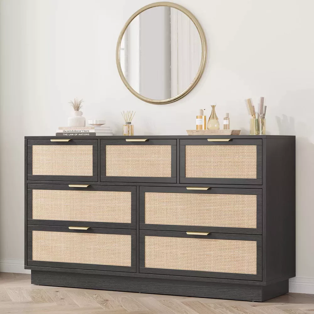 Rattan 7 Drawer Dresser with Metal Handles, 55" Wide Storage Chest for Bedroom Home Office