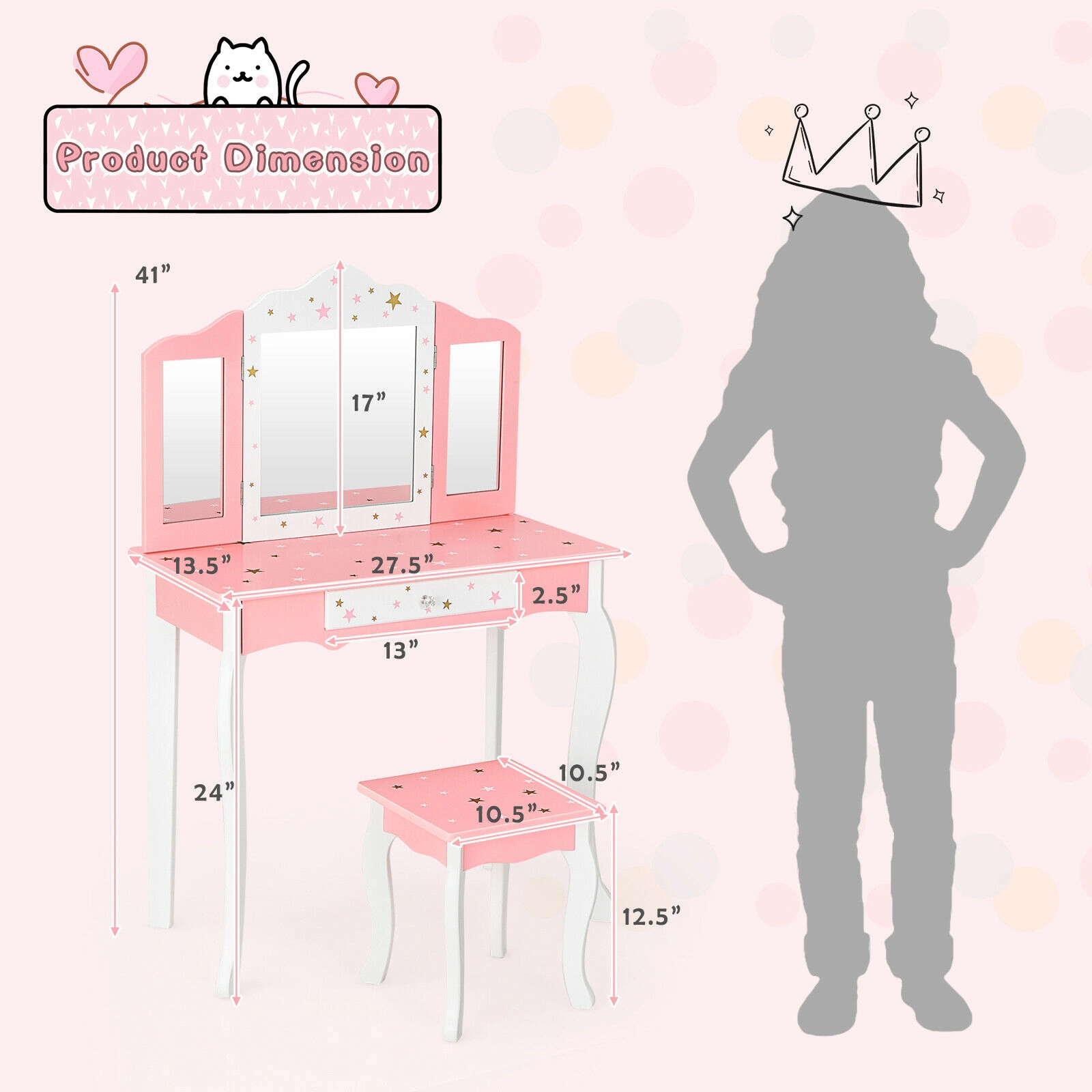SUGIFT 2-in-1 Detachable Kids Princess Vanity Table and Stool Set with Tri-folding Mirror 44/88-lb Capacity Pink/White