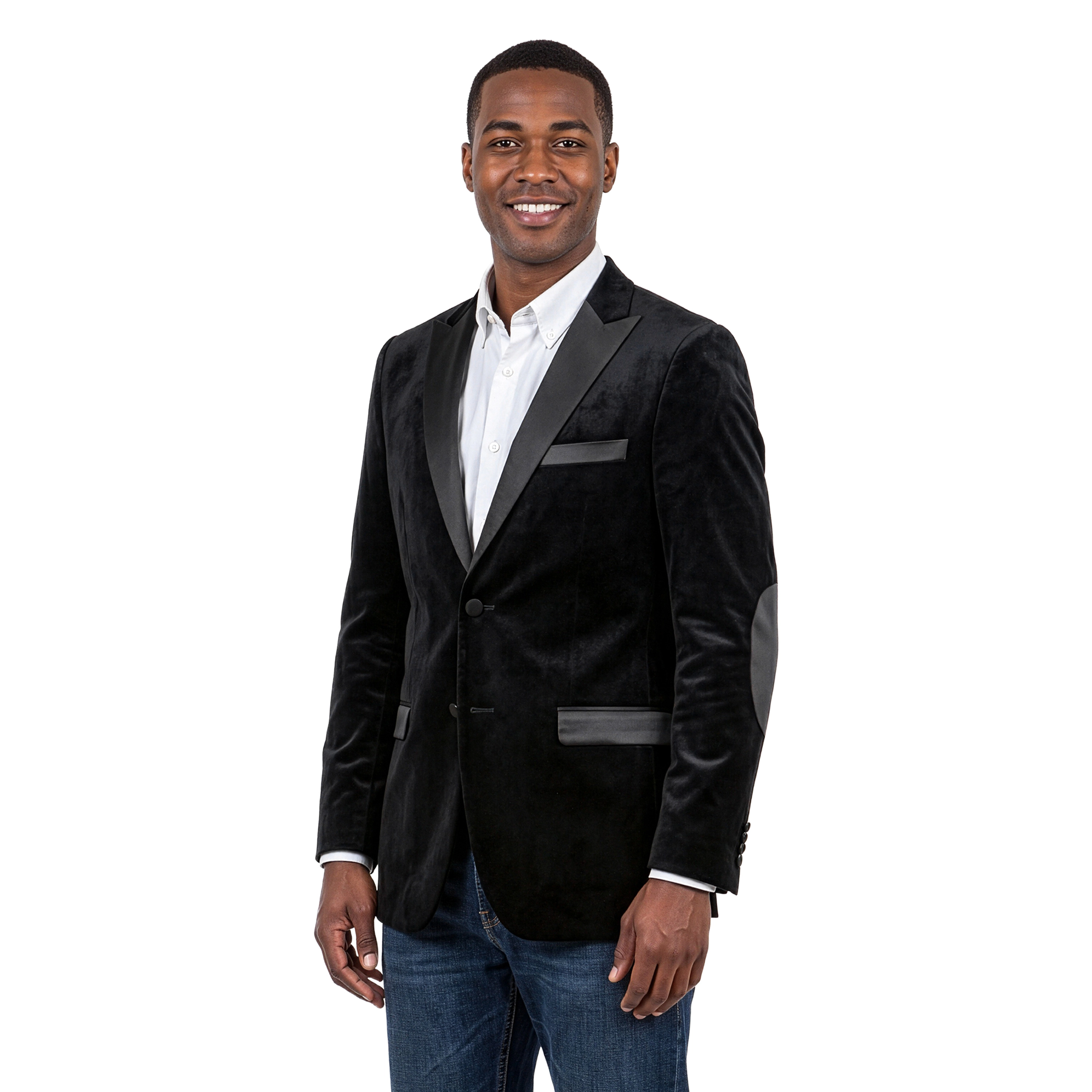 Tazzio Mens Velvet Satin Peak Lapel Blazer with Elbow Patch