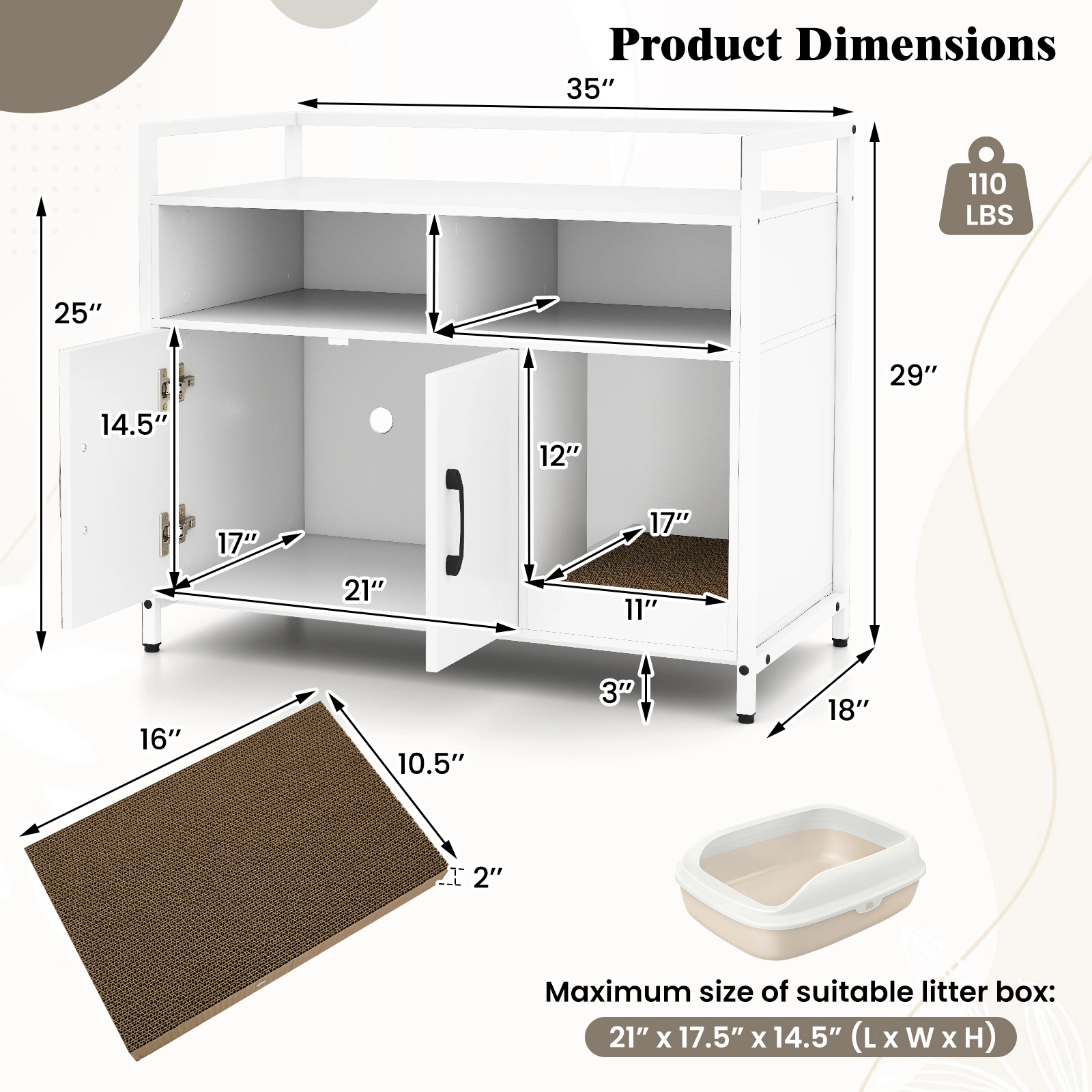 SUGIFT 35 x 29.5-in 110-lb Capacity Off White Hidden Cat Litter Box Enclosure with Double Doors and Scratch Board